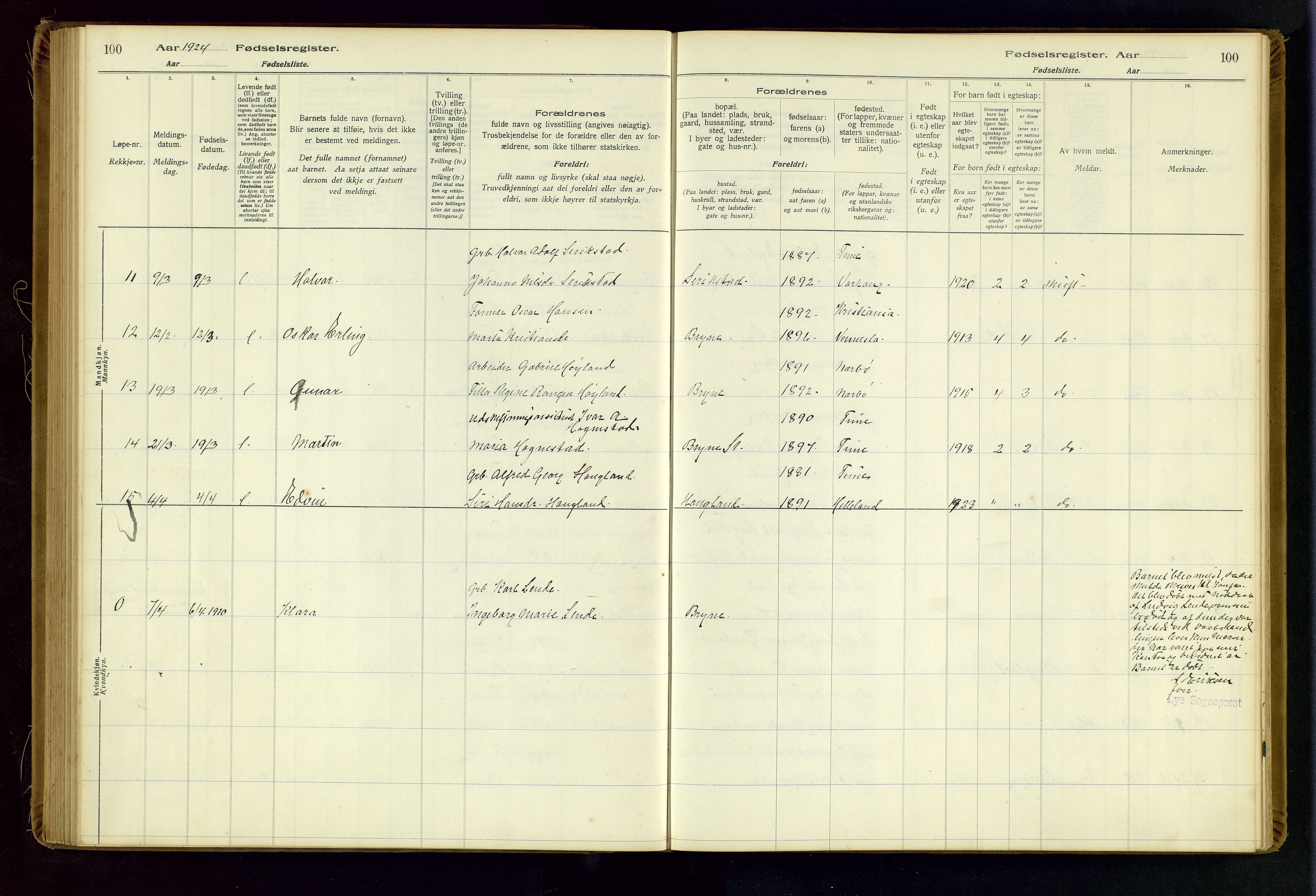 Time sokneprestkontor, AV/SAST-A-101795/001/704BA/L0001: Fødselsregister nr. 1, 1916-1934, s. 100