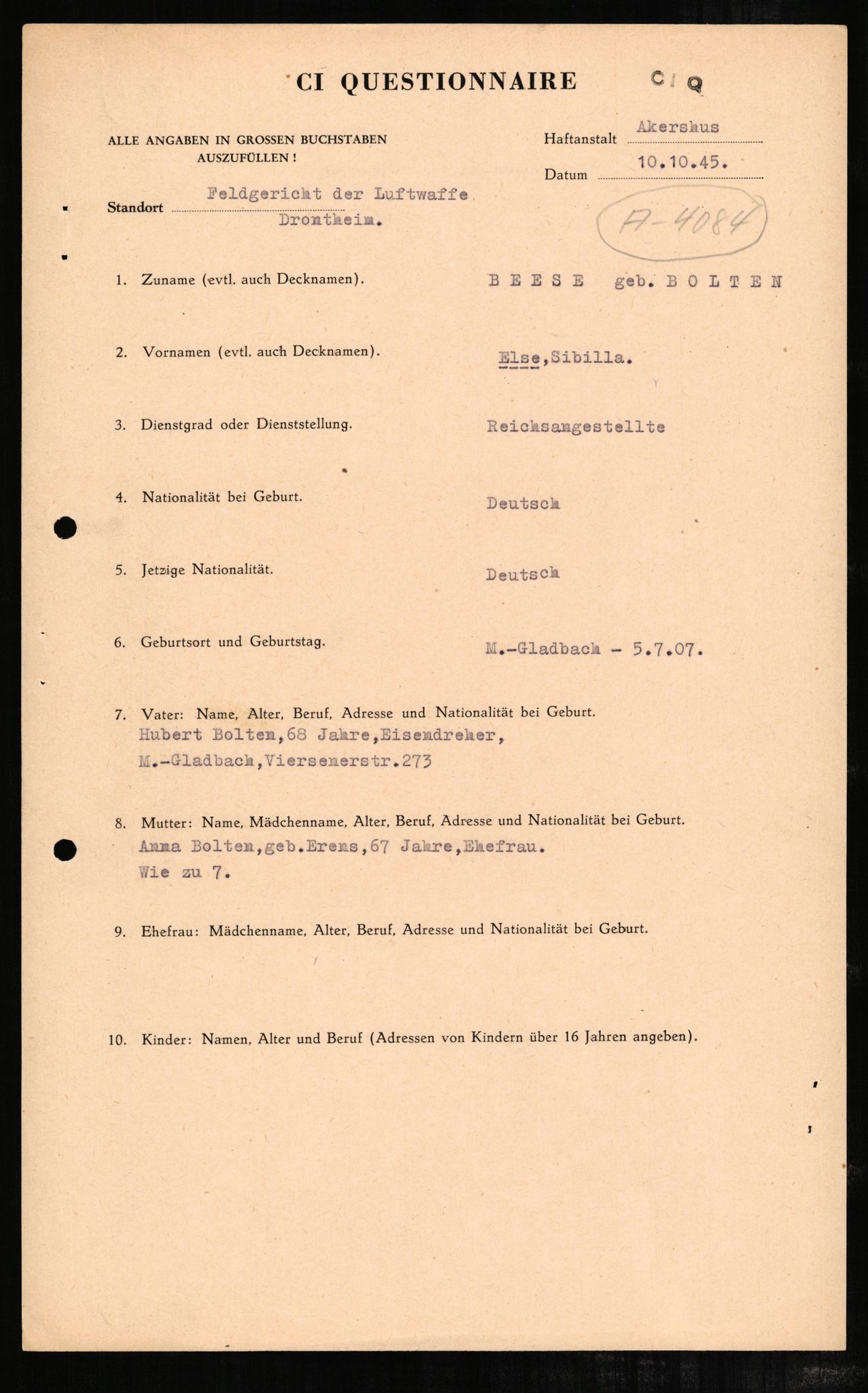 Forsvaret, Forsvarets overkommando II, AV/RA-RAFA-3915/D/Db/L0002: CI Questionaires. Tyske okkupasjonsstyrker i Norge. Tyskere., 1945-1946, s. 398