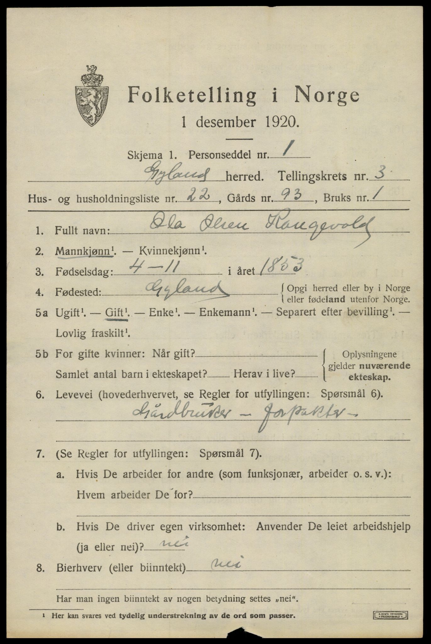 SAK, Folketelling 1920 for 1044 Gyland herred, 1920, s. 1018