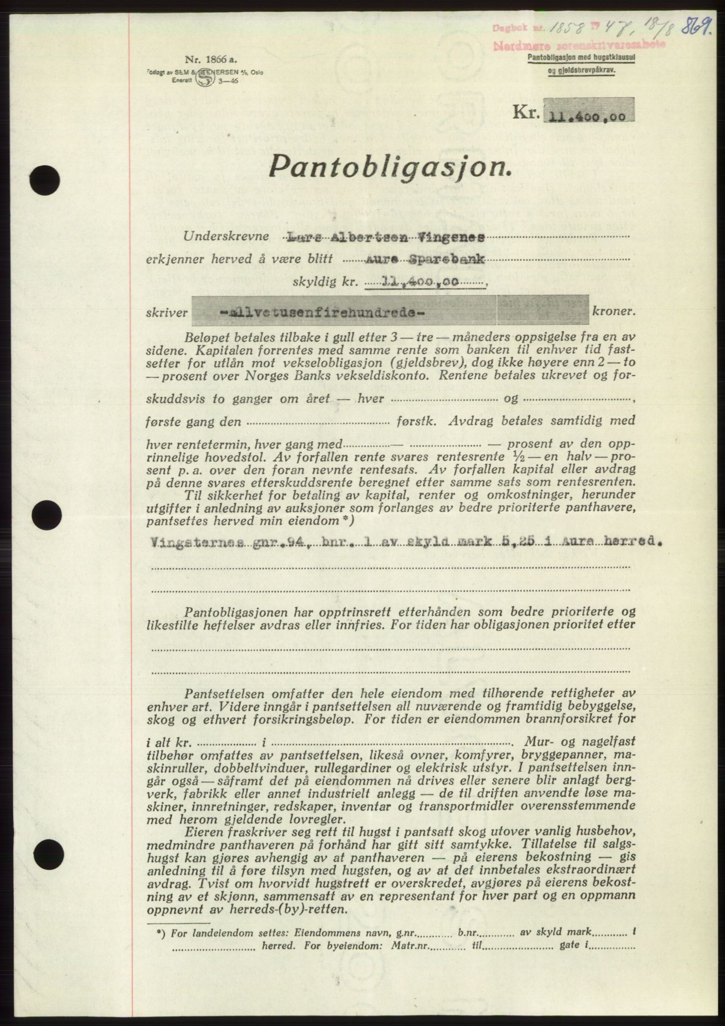 Nordmøre sorenskriveri, SAT/A-4132/1/2/2Ca: Pantebok nr. B96, 1947-1947, Dagboknr: 1858/1947