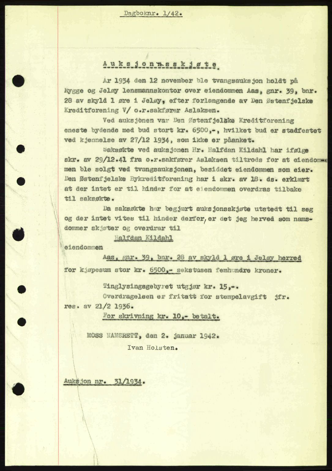 Moss sorenskriveri, SAO/A-10168: Pantebok nr. A9, 1941-1942, Dagboknr: 1/1942