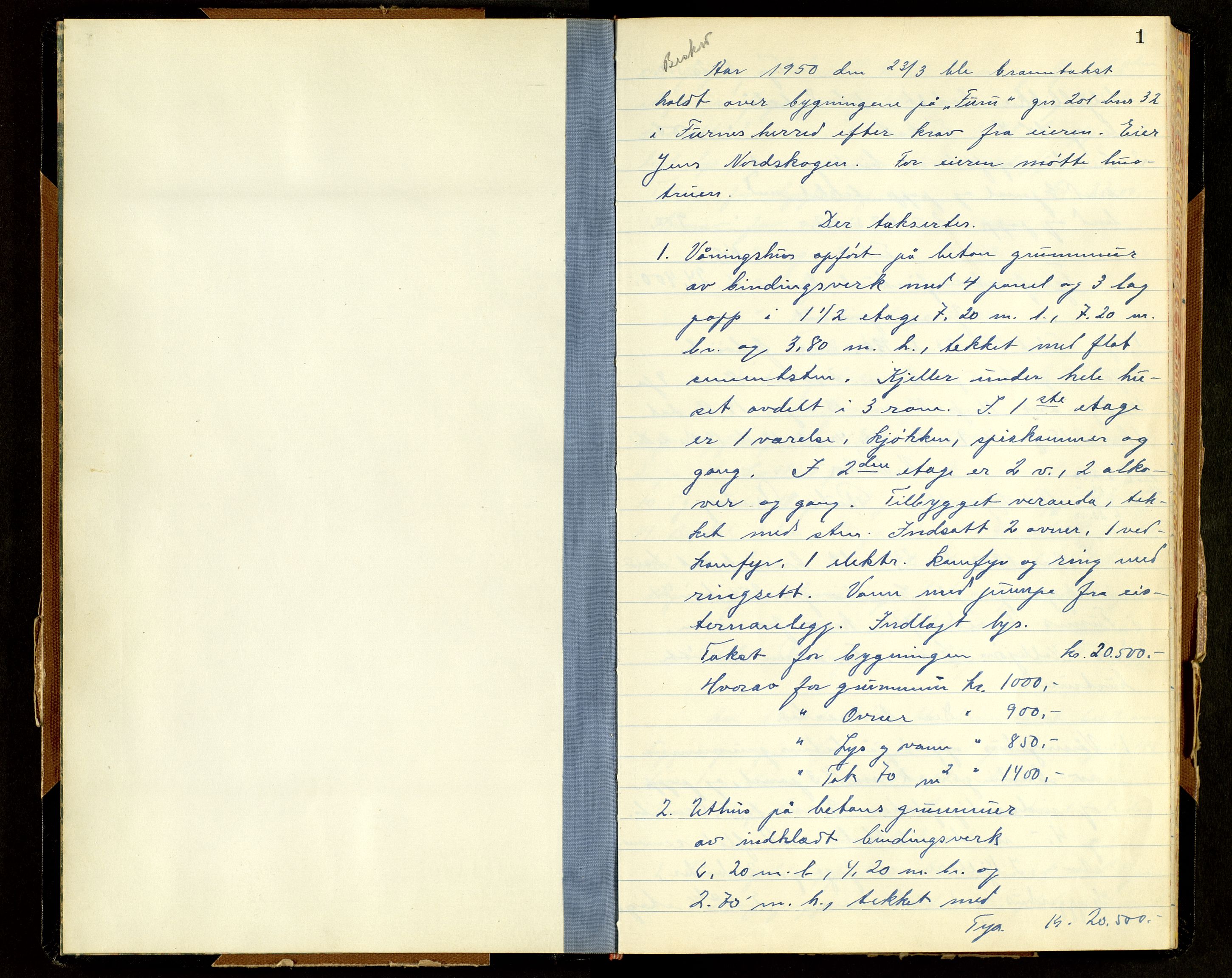 Norges Brannkasse, Furnes, AV/SAH-NBRANF-004/F/L0005: Branntakstprotokoll, 1950-1958, s. 1