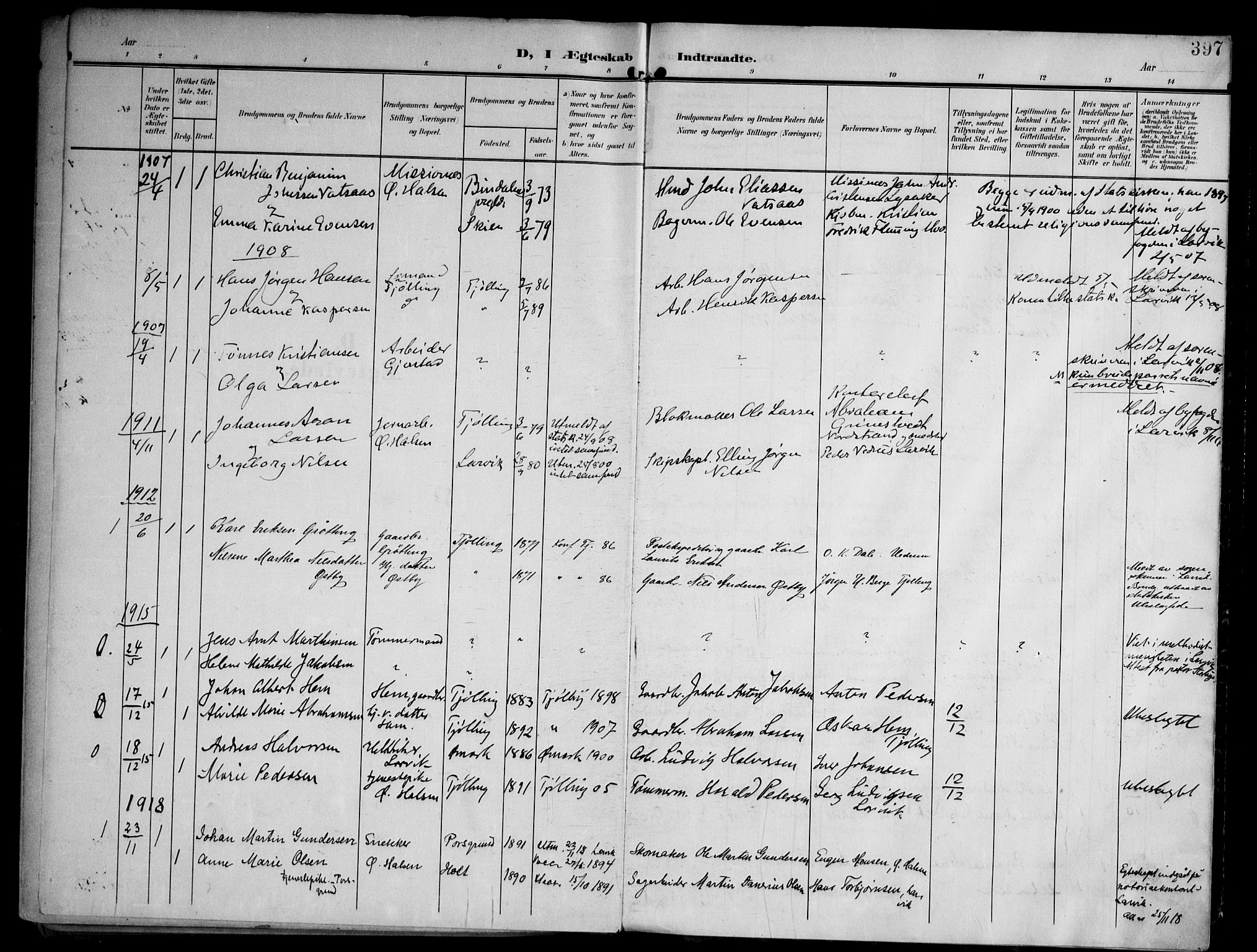 Tjølling kirkebøker, AV/SAKO-A-60/F/Fa/L0010: Ministerialbok nr. 10, 1906-1923, s. 397