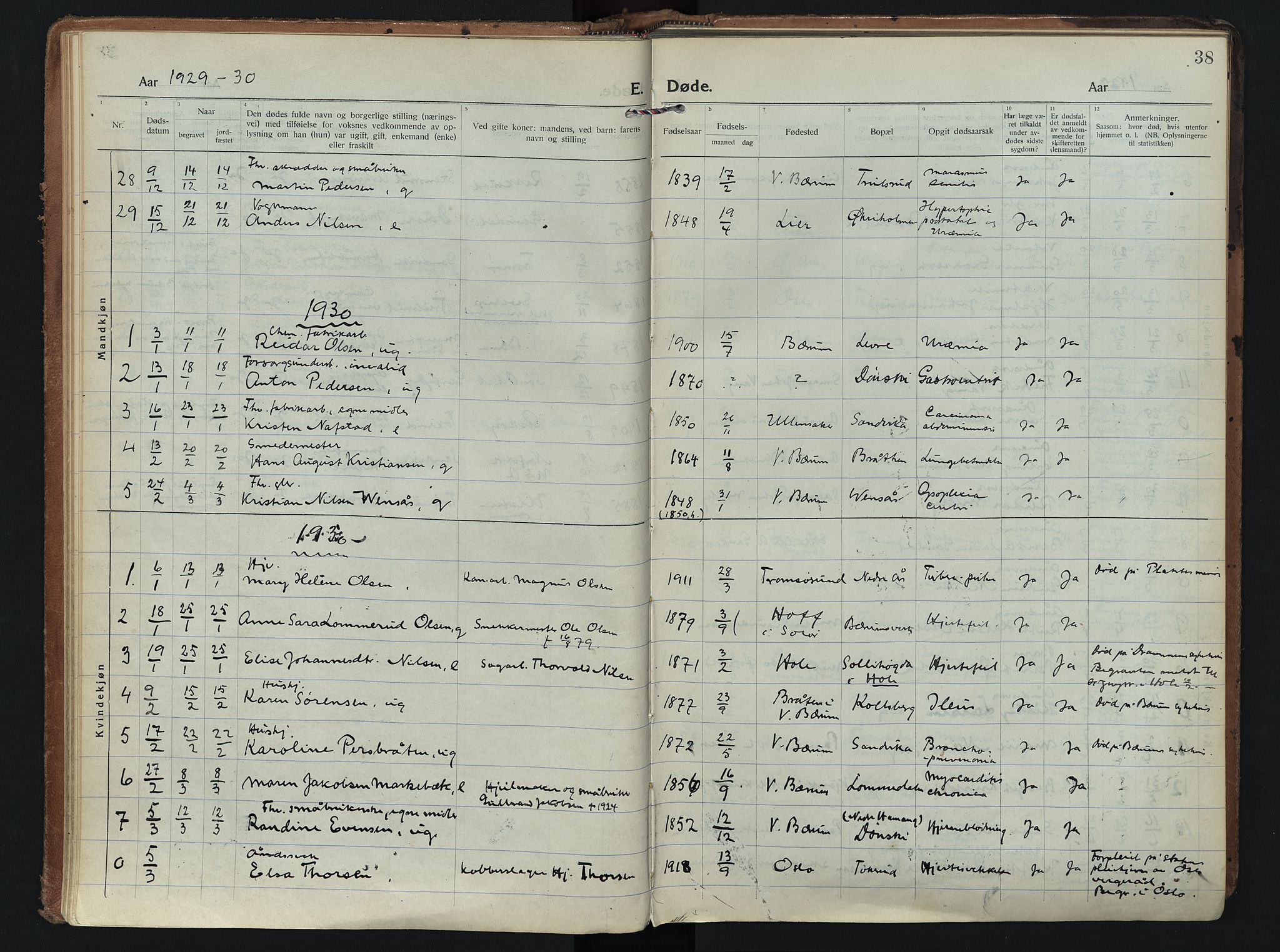 Vestre Bærum prestekontor Kirkebøker, AV/SAO-A-10209a/F/Fa/L0005: Ministerialbok nr. 5, 1922-1962, s. 38
