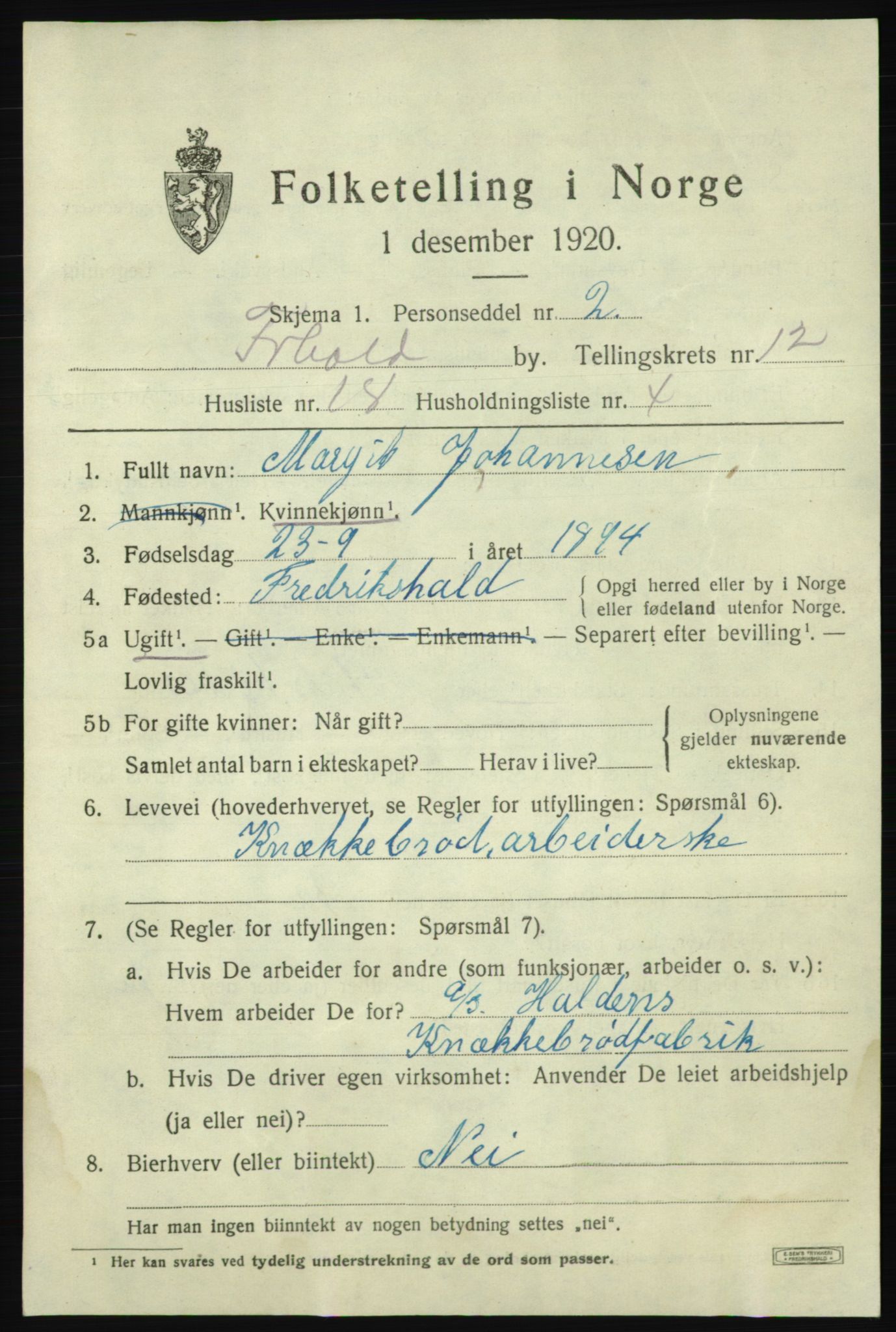 SAO, Folketelling 1920 for 0101 Fredrikshald kjøpstad, 1920, s. 20275