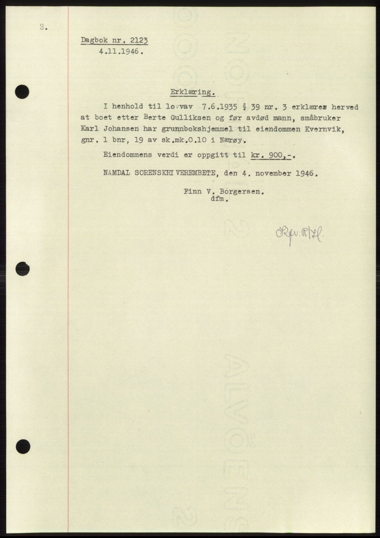 Namdal sorenskriveri, SAT/A-4133/1/2/2C: Pantebok nr. -, 1946-1947, Dagboknr: 2123/1946