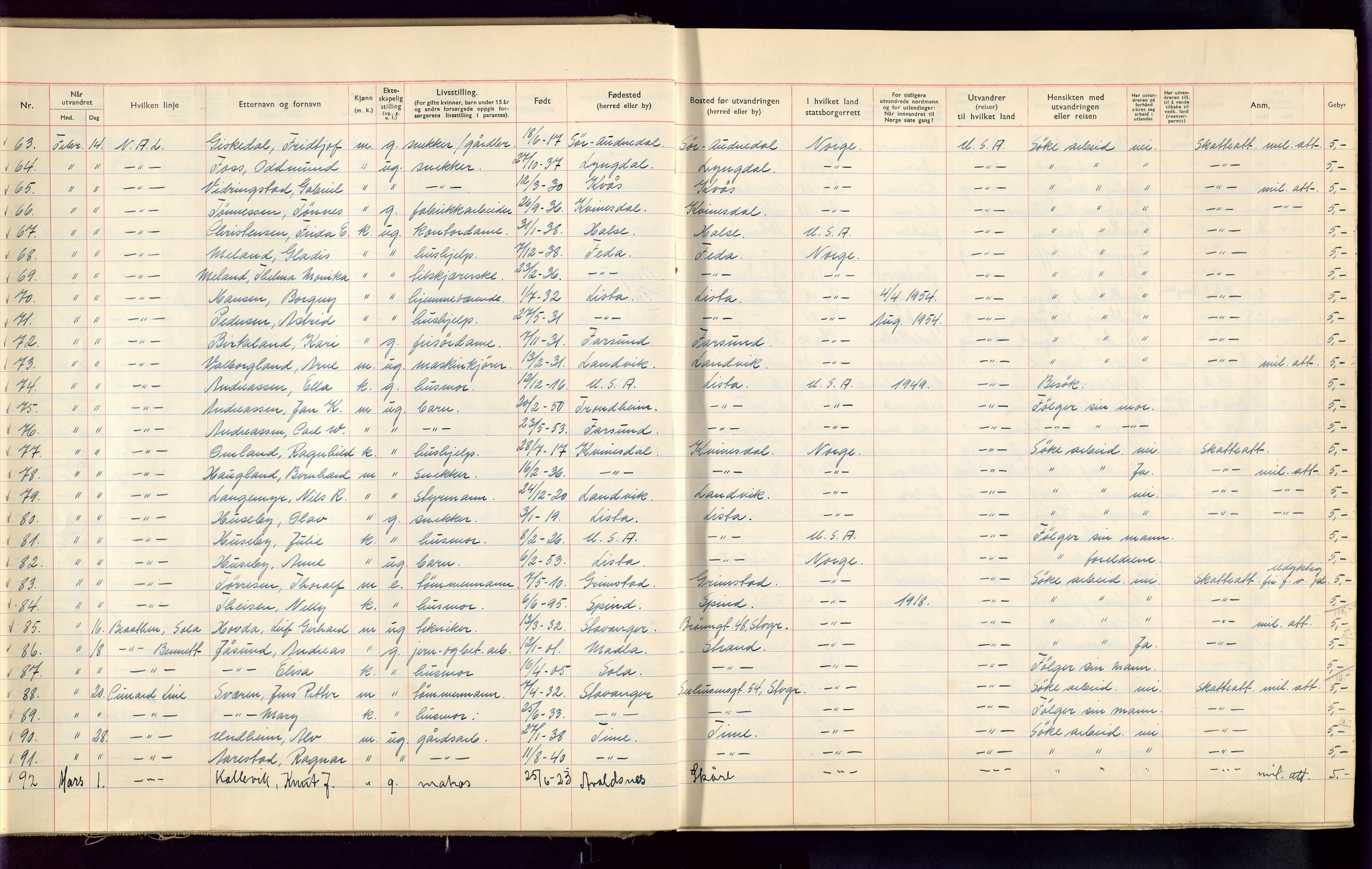 Stavanger politikammer, AV/SAST-A-100361/001/H/Hc/Hcc/L0002: Emigrantprotokoll, 1955-1970, s. 16