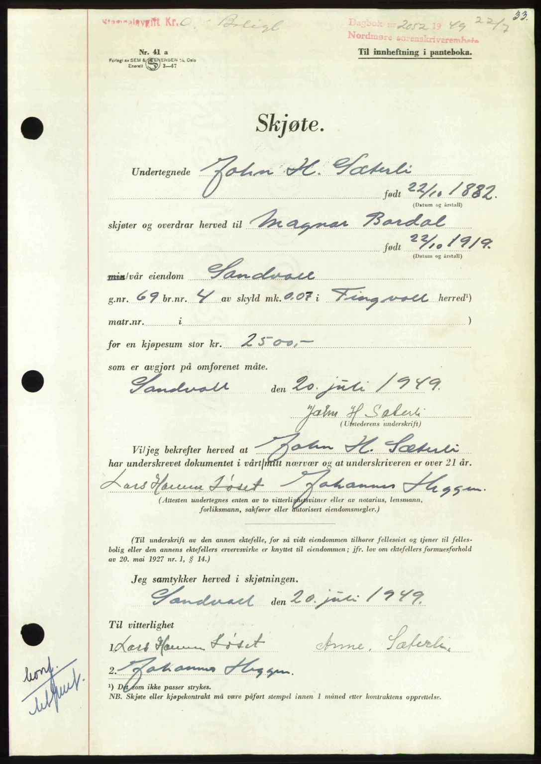 Nordmøre sorenskriveri, AV/SAT-A-4132/1/2/2Ca: Pantebok nr. A112, 1949-1949, Dagboknr: 2052/1949