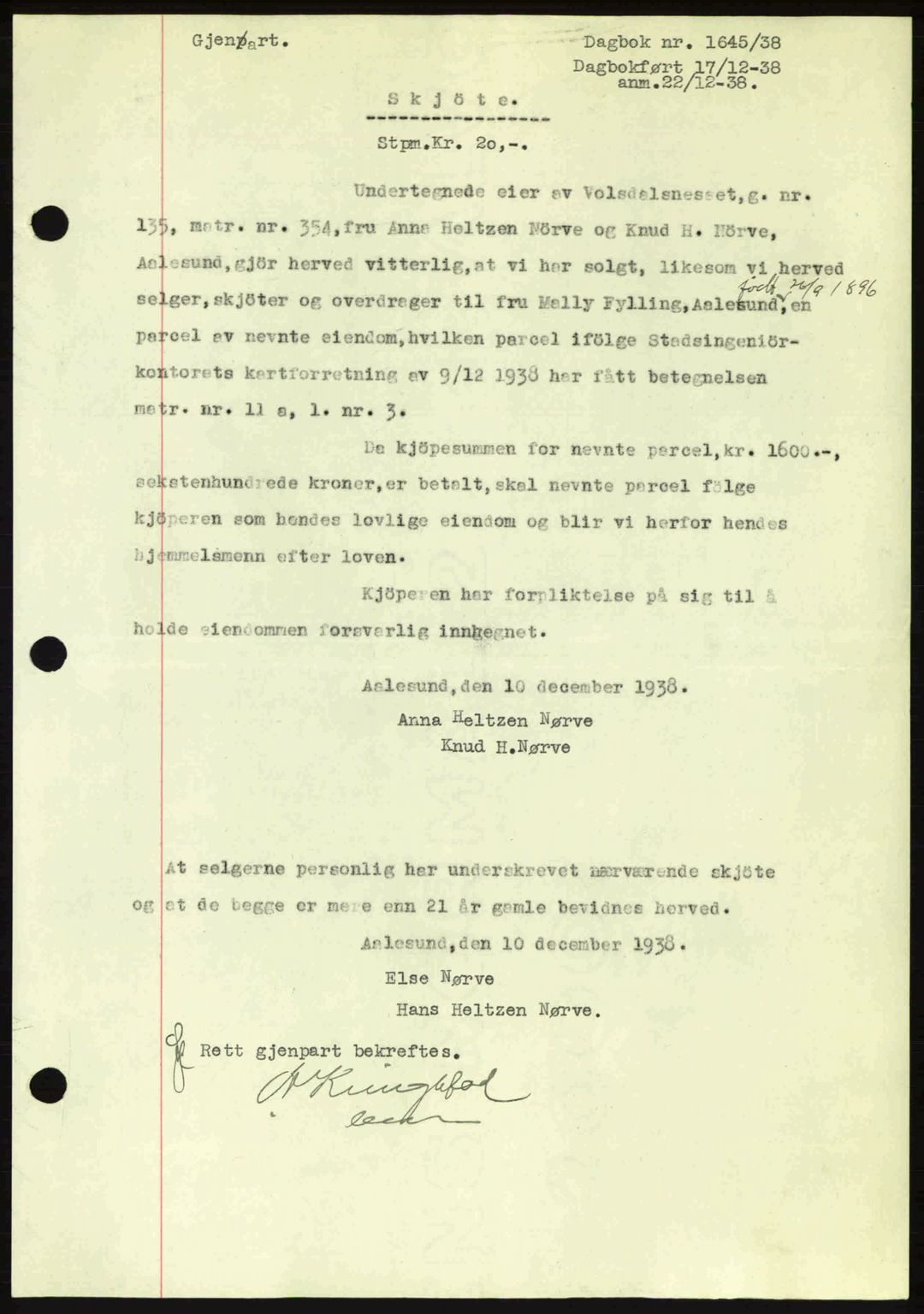 Ålesund byfogd, AV/SAT-A-4384: Pantebok nr. 34 II, 1938-1940, Dagboknr: 1645/1938