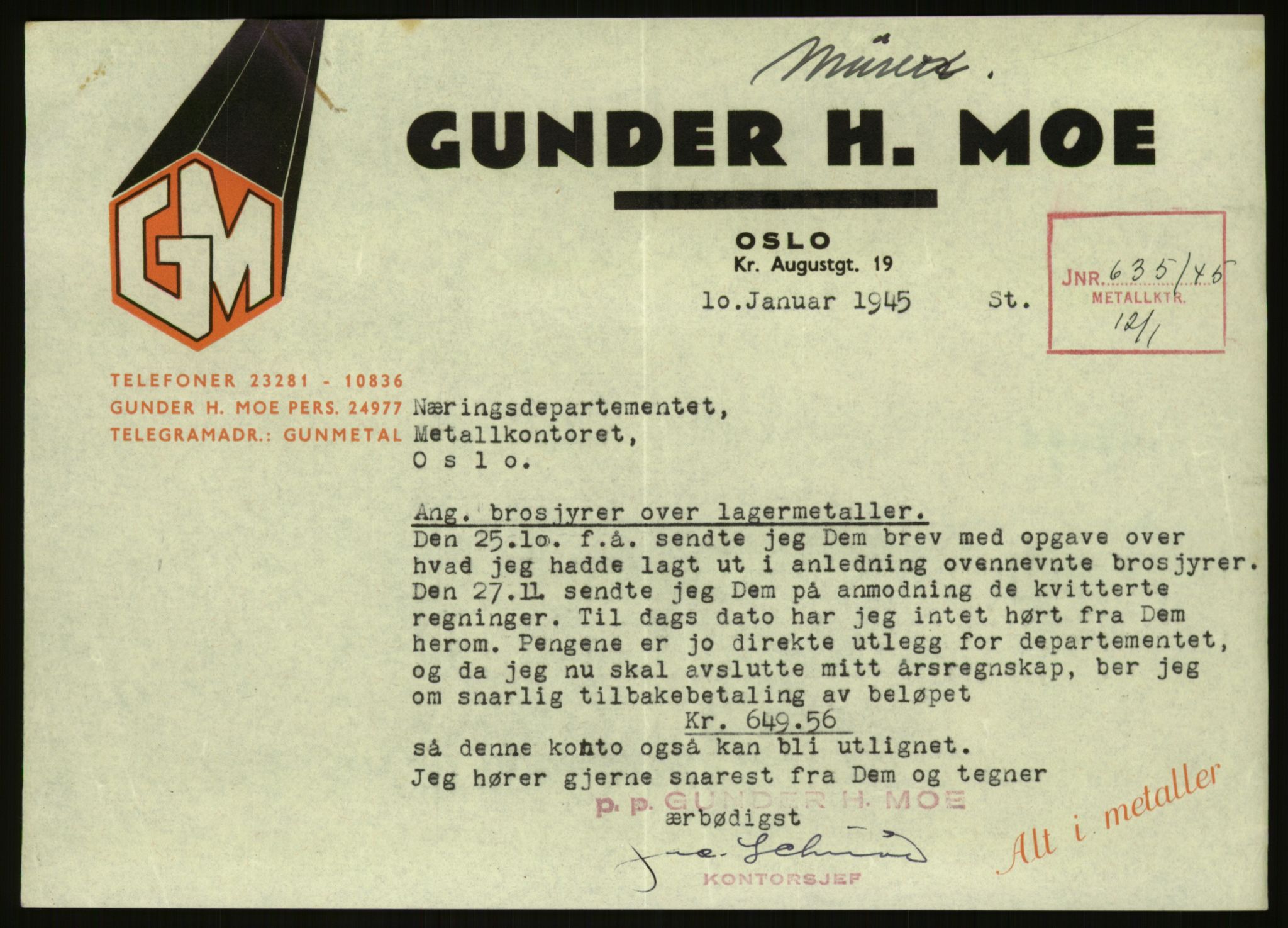 Direktoratet for industriforsyning, Sekretariatet, AV/RA-S-4153/D/Df/L0054: 9. Metallkontoret, 1940-1945, s. 349