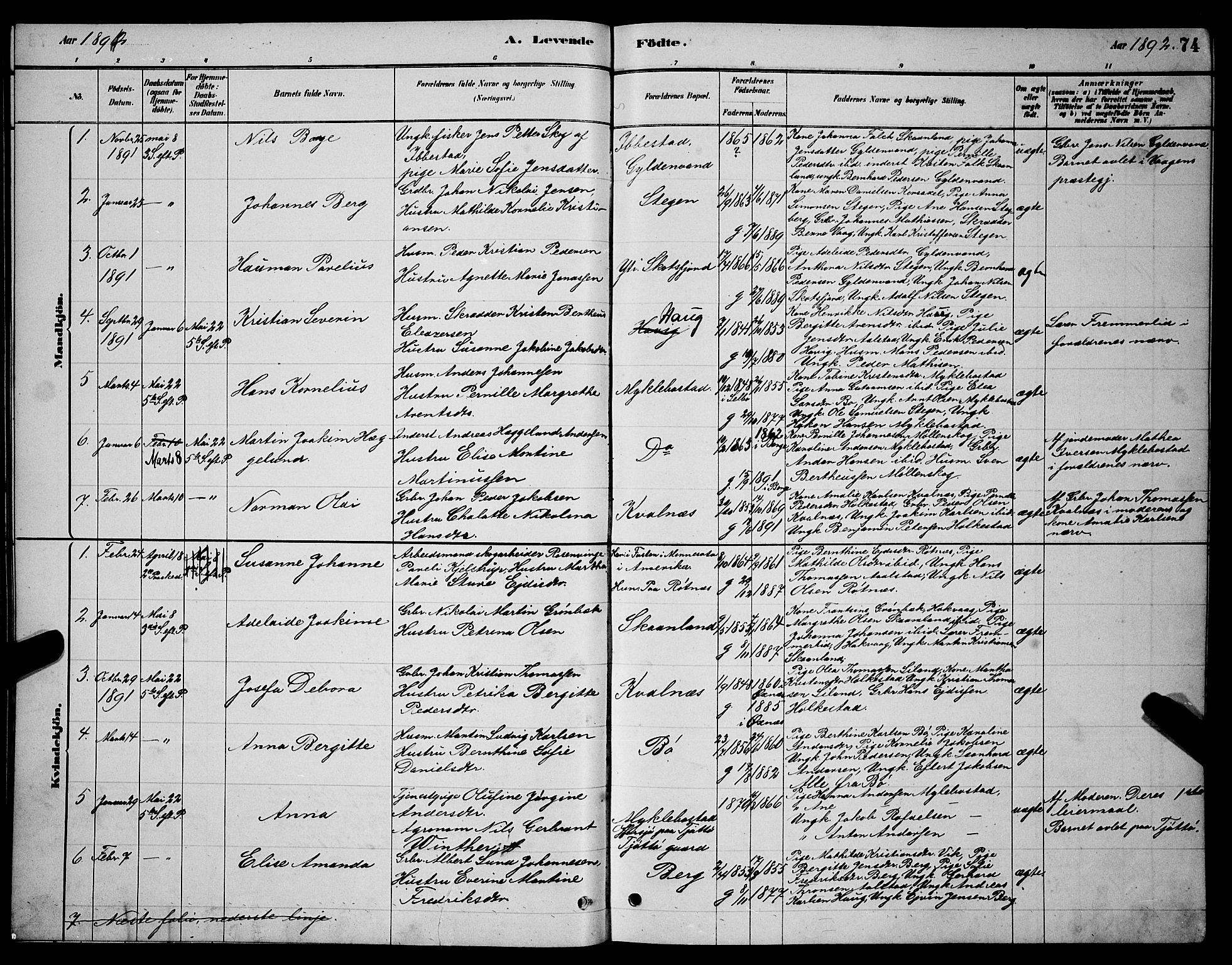 Ministerialprotokoller, klokkerbøker og fødselsregistre - Nordland, AV/SAT-A-1459/855/L0816: Klokkerbok nr. 855C05, 1879-1894, s. 74