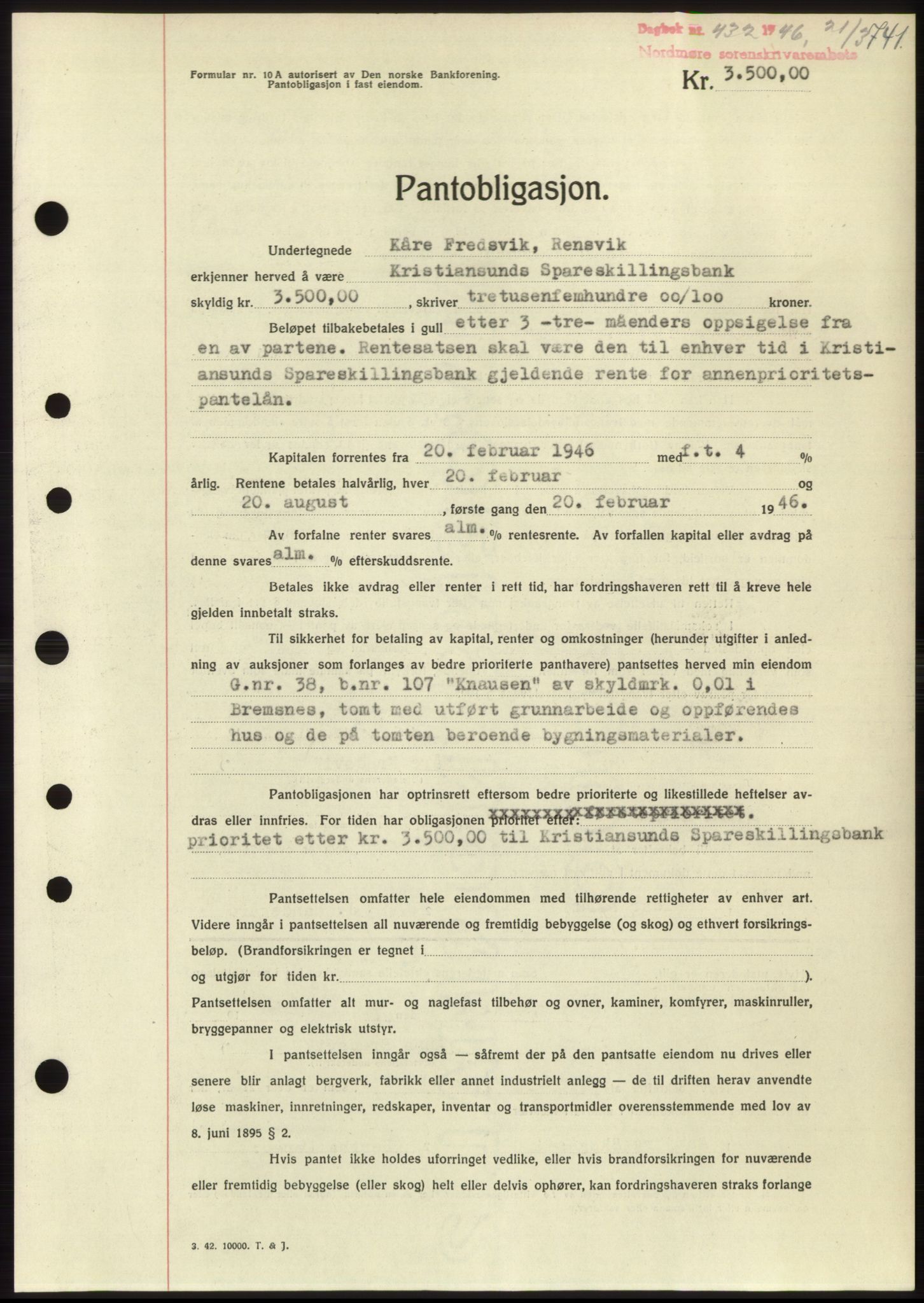 Nordmøre sorenskriveri, SAT/A-4132/1/2/2Ca: Pantebok nr. B93b, 1946-1946, Dagboknr: 432/1946
