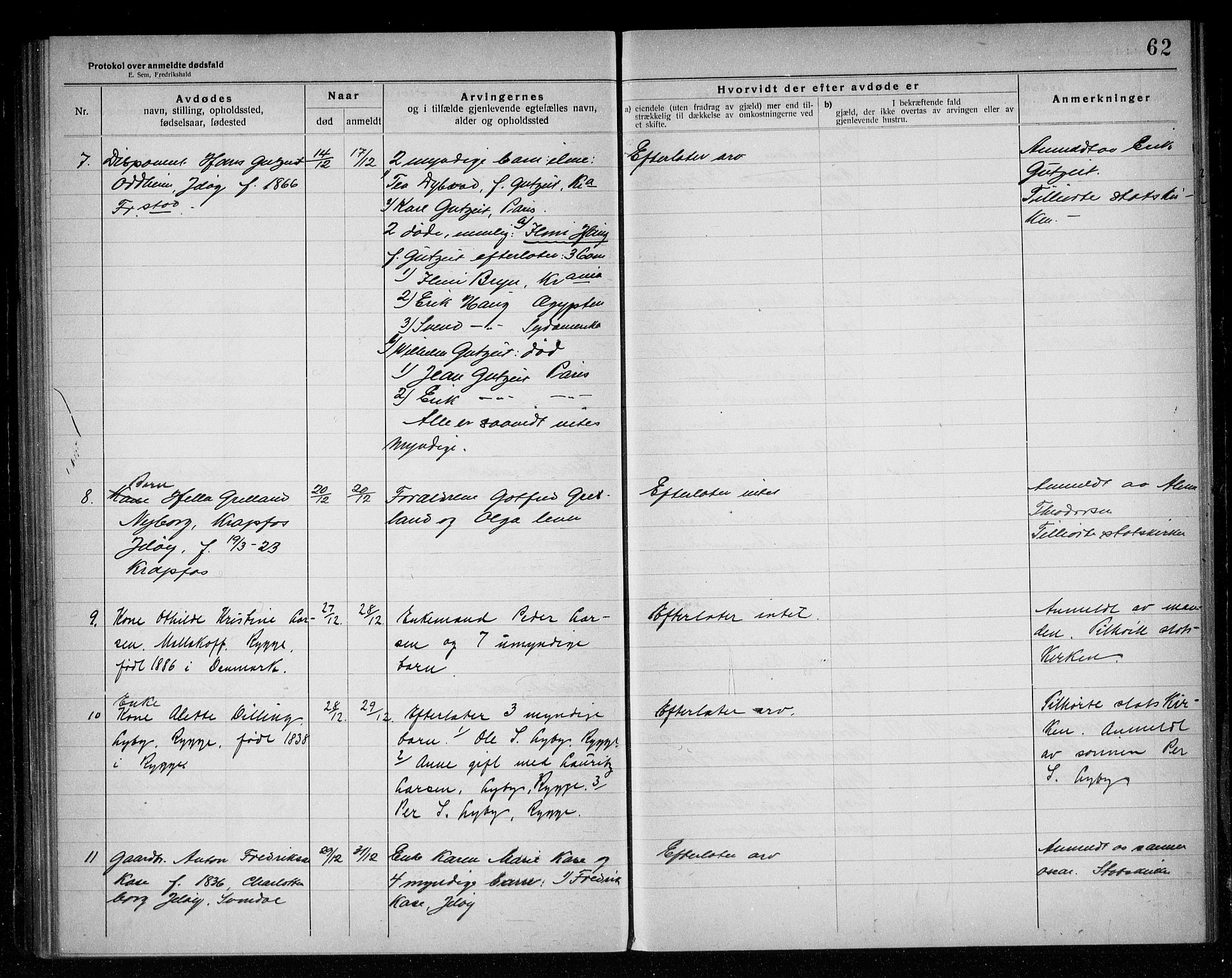 Rygge lensmannskontor, AV/SAO-A-10005/H/Ha/Haa/L0007: Dødsfallsprotokoll, 1920-1925, s. 62