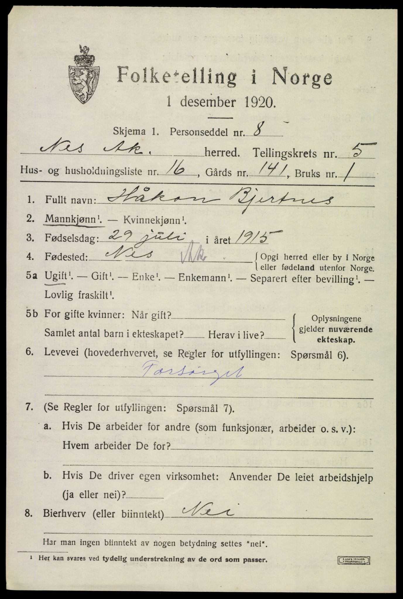 SAO, Folketelling 1920 for 0236 Nes herred, 1920, s. 6624