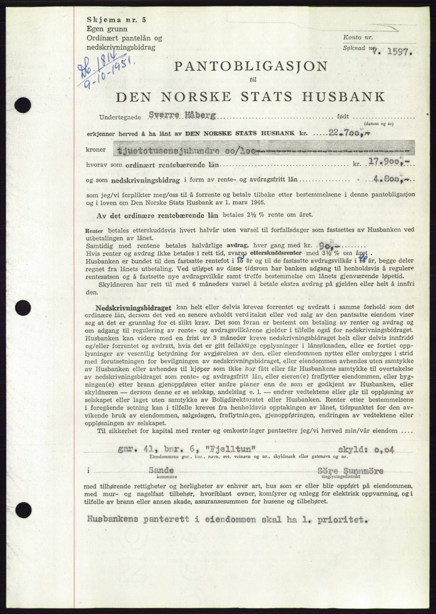 Søre Sunnmøre sorenskriveri, SAT/A-4122/1/2/2C/L0120: Pantebok nr. 8B, 1951-1951, Dagboknr: 1814/1951