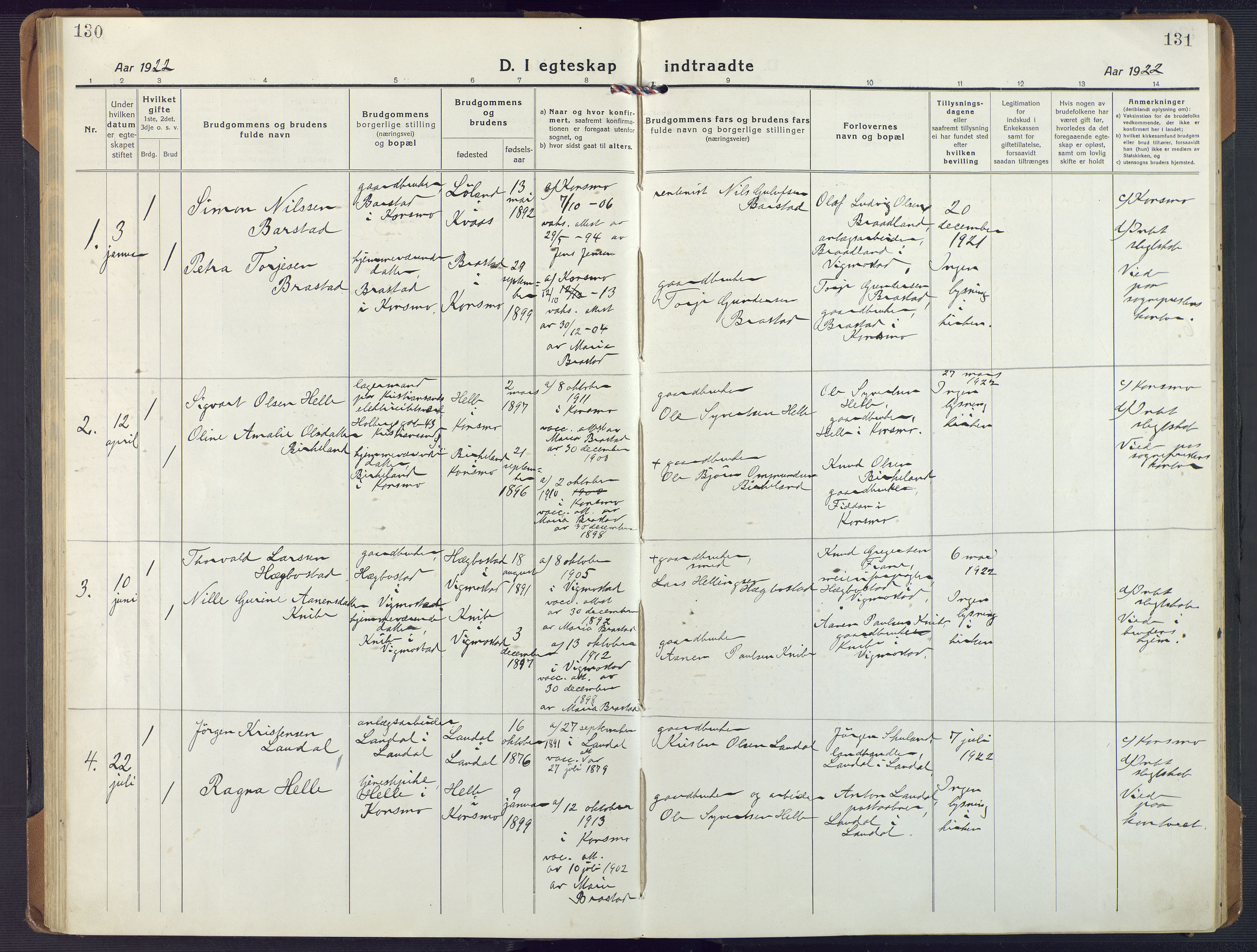 Nord-Audnedal sokneprestkontor, AV/SAK-1111-0032/F/Fa/Fab/L0005: Ministerialbok nr. A 5, 1918-1925, s. 130-131