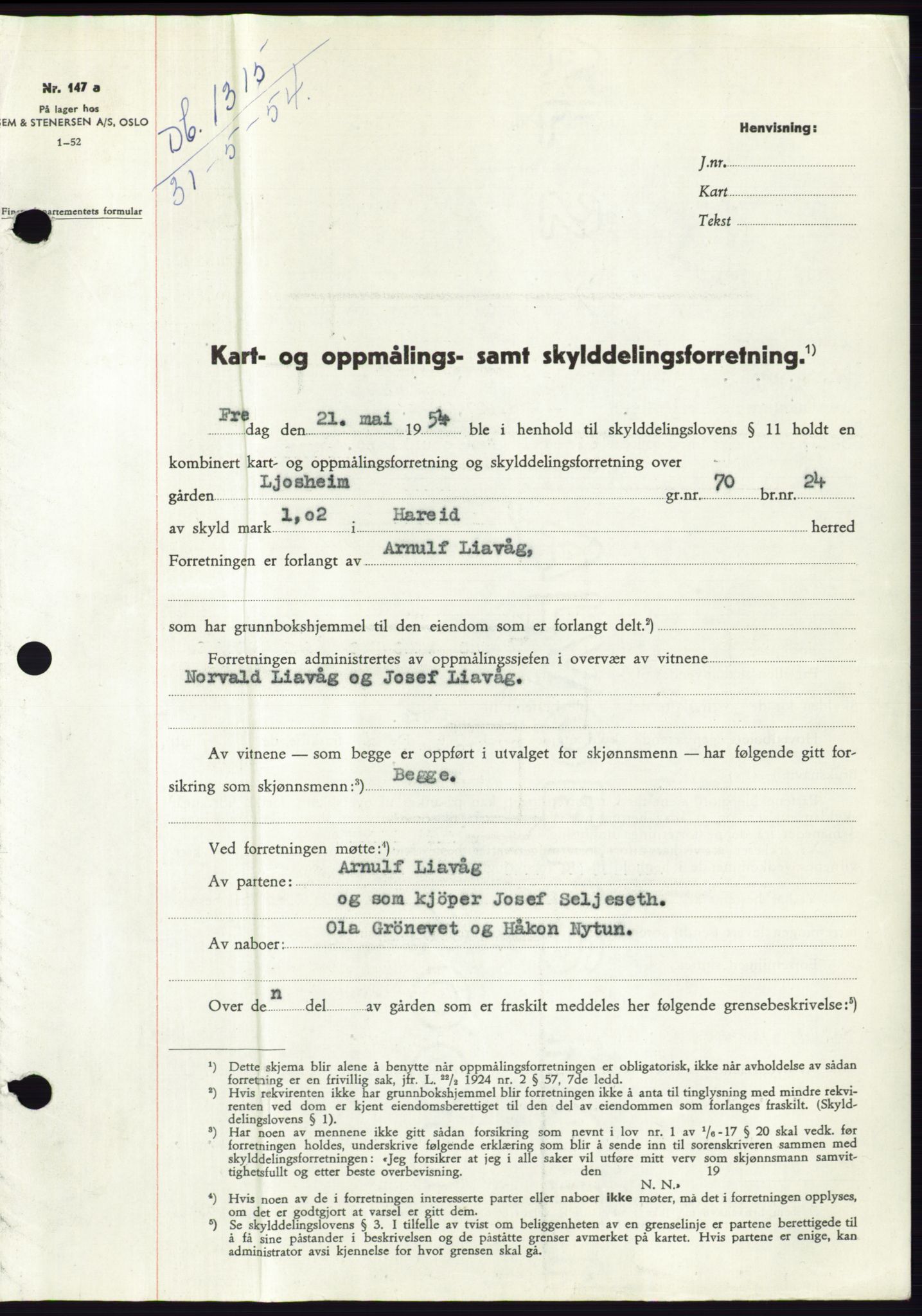 Søre Sunnmøre sorenskriveri, SAT/A-4122/1/2/2C/L0098: Pantebok nr. 24A, 1954-1954, Dagboknr: 1315/1954