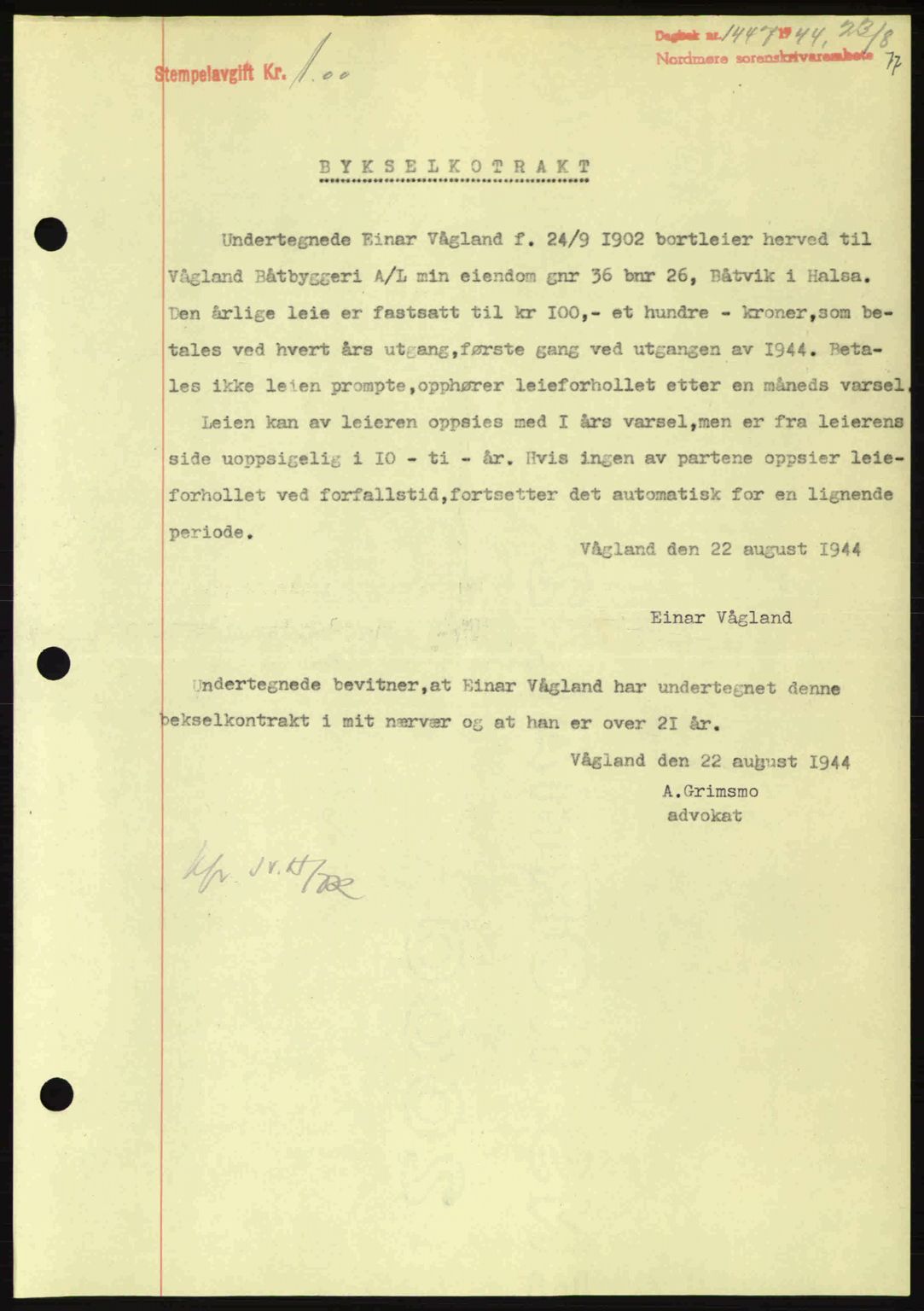 Nordmøre sorenskriveri, AV/SAT-A-4132/1/2/2Ca: Pantebok nr. B92, 1944-1945, Dagboknr: 1447/1944