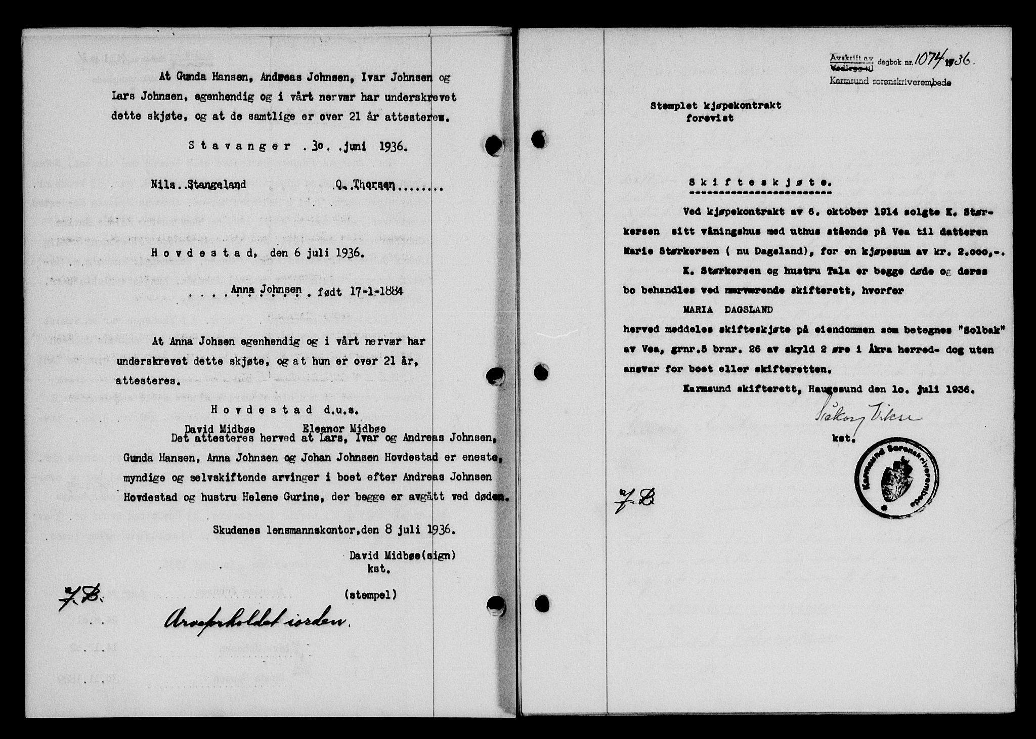 Karmsund sorenskriveri, SAST/A-100311/01/II/IIB/L0066: Pantebok nr. 47A, 1936-1936, Dagboknr: 1074/1936