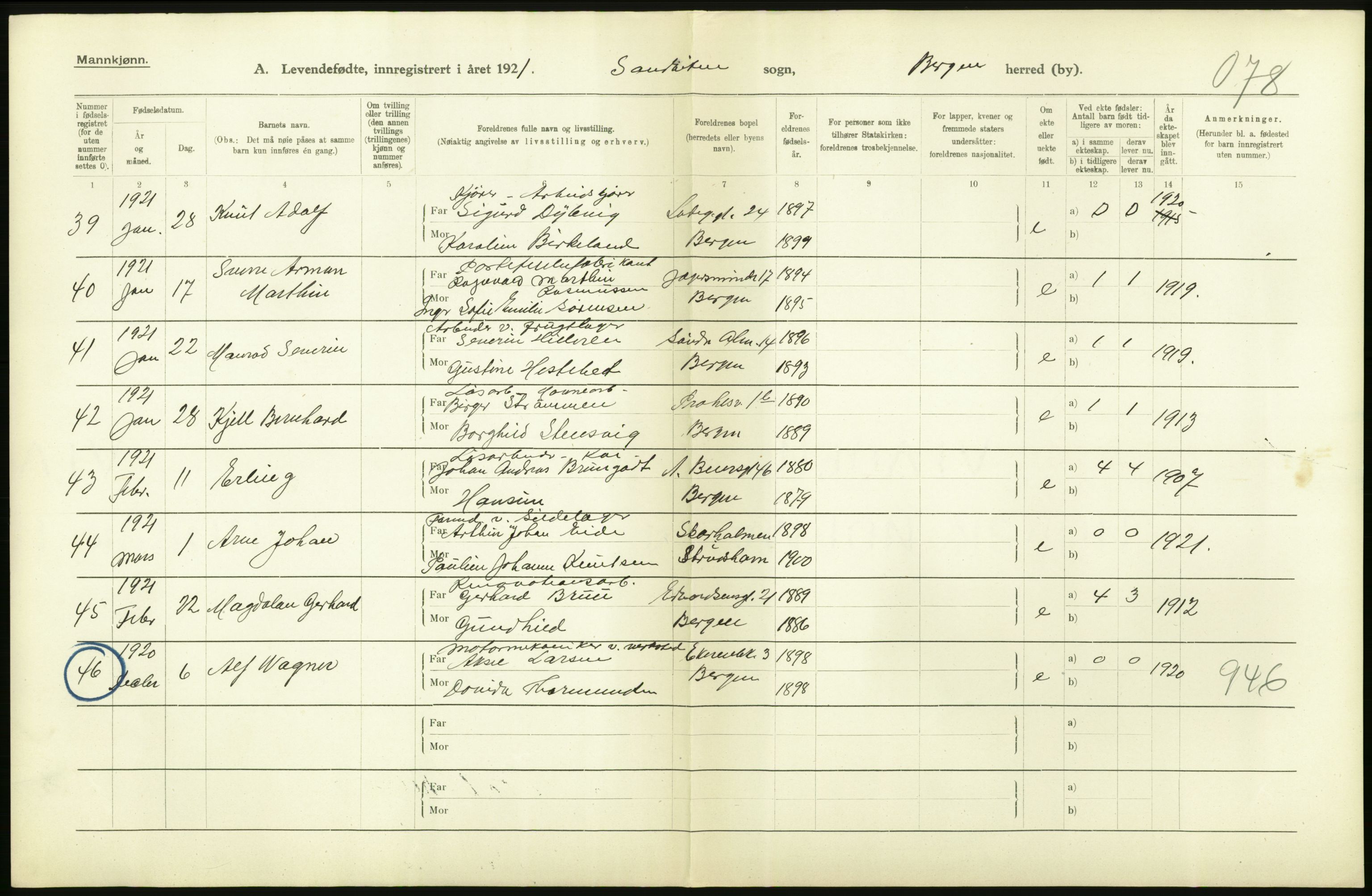 Statistisk sentralbyrå, Sosiodemografiske emner, Befolkning, AV/RA-S-2228/D/Df/Dfc/Dfca/L0034: Bergen: Levendefødte menn og kvinner., 1921, s. 12