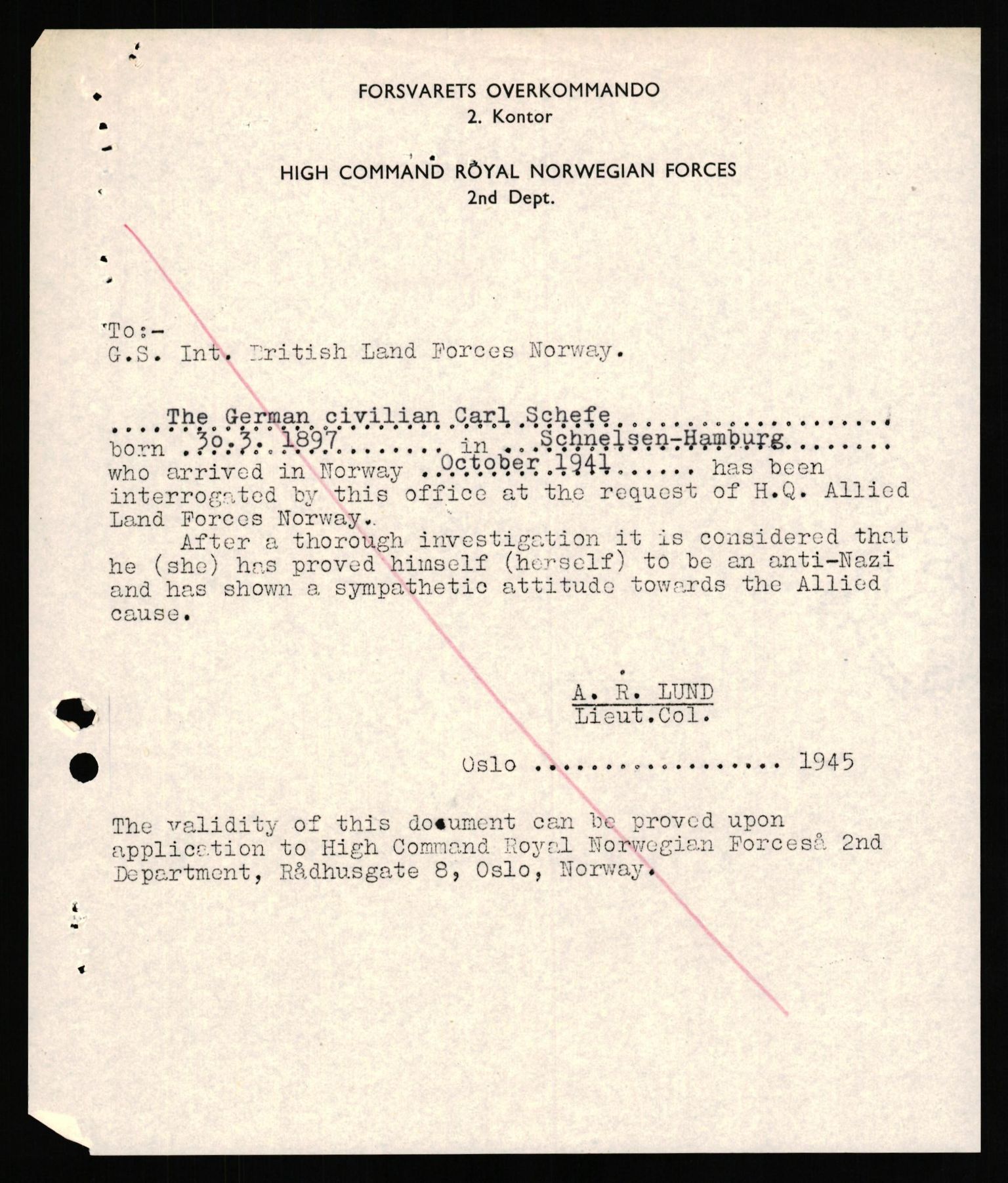 Forsvaret, Forsvarets overkommando II, RA/RAFA-3915/D/Db/L0029: CI Questionaires. Tyske okkupasjonsstyrker i Norge. Tyskere., 1945-1946, s. 83