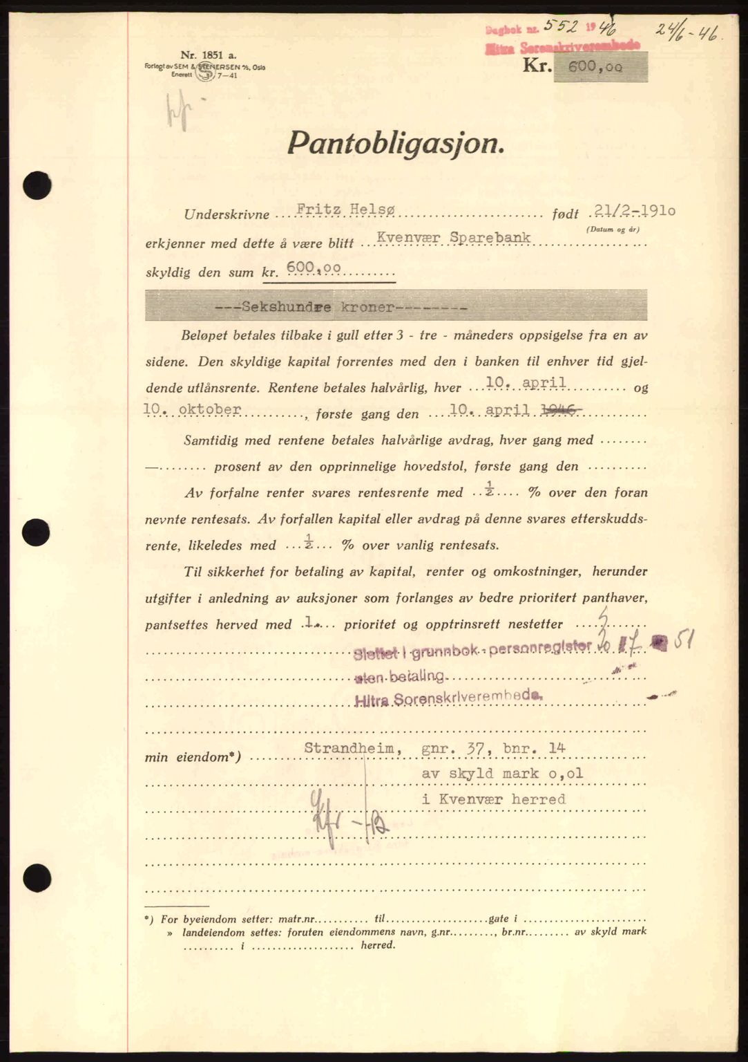 Hitra sorenskriveri, AV/SAT-A-0018/2/2C/2Ca: Pantebok nr. B1, 1939-1949, Dagboknr: 552/1946