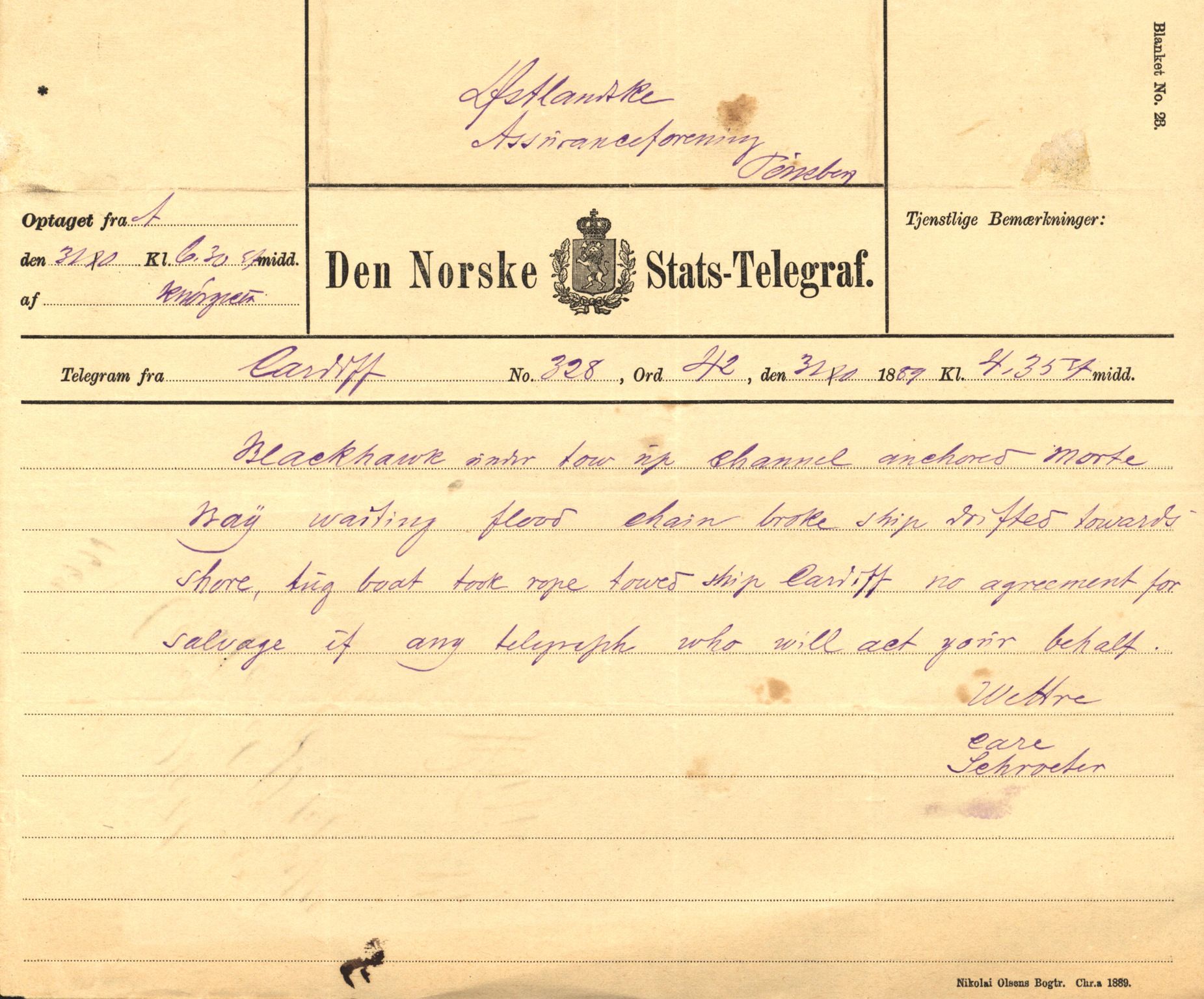 Pa 63 - Østlandske skibsassuranceforening, VEMU/A-1079/G/Ga/L0023/0009: Havaridokumenter / Emil, Black, Hawk, Columbus, Dagny, Askur, Imanuel, 1889, s. 9