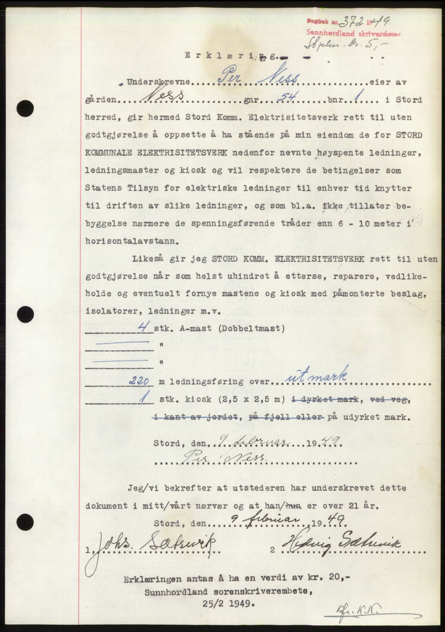 Sunnhordland sorenskrivar, AV/SAB-A-2401: Pantebok nr. B75-79, 1948-1950, Dagboknr: 372/1949