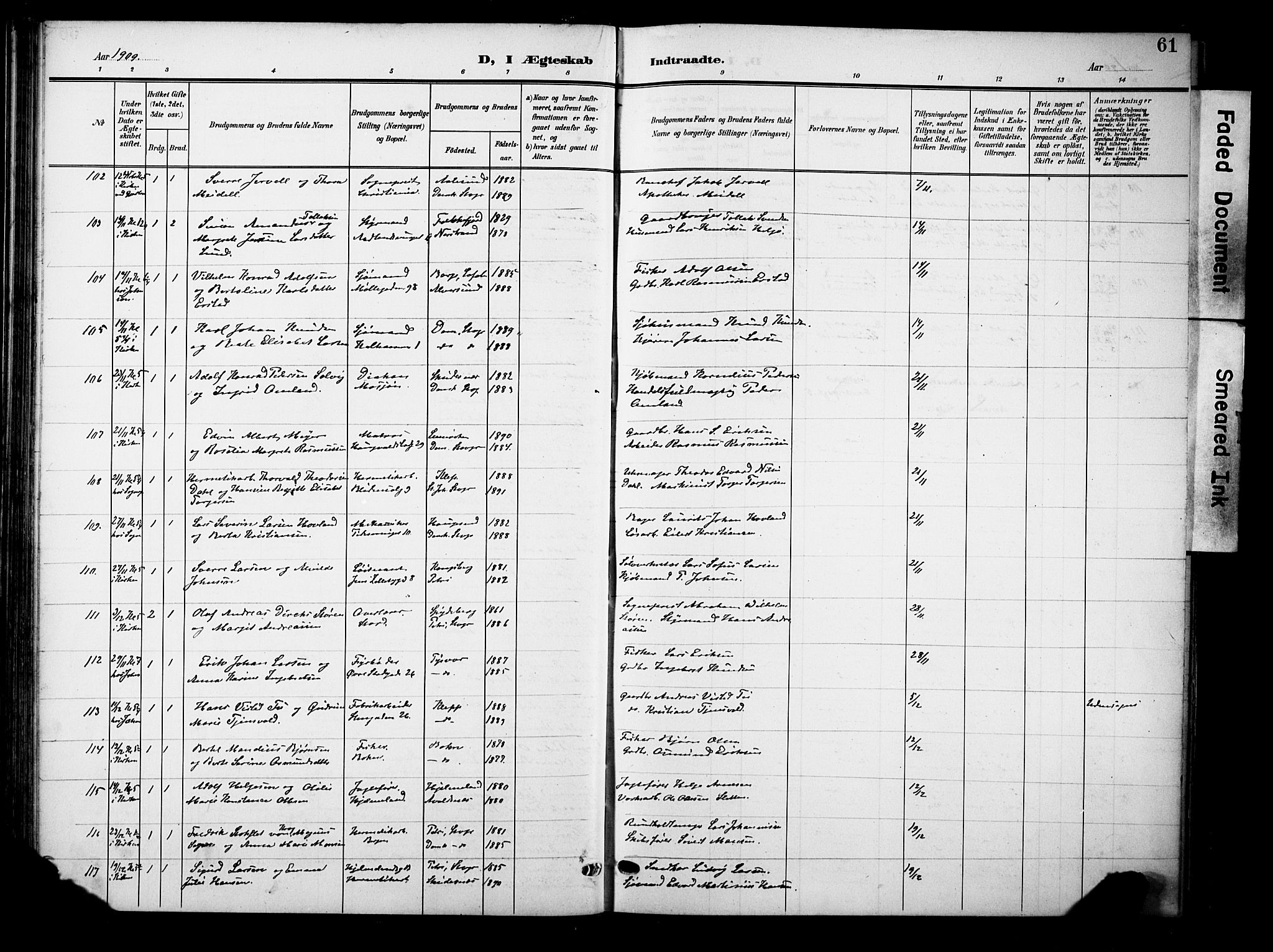 Domkirken sokneprestkontor, AV/SAST-A-101812/001/30/30BB/L0017: Klokkerbok nr. B 17, 1902-1921, s. 61