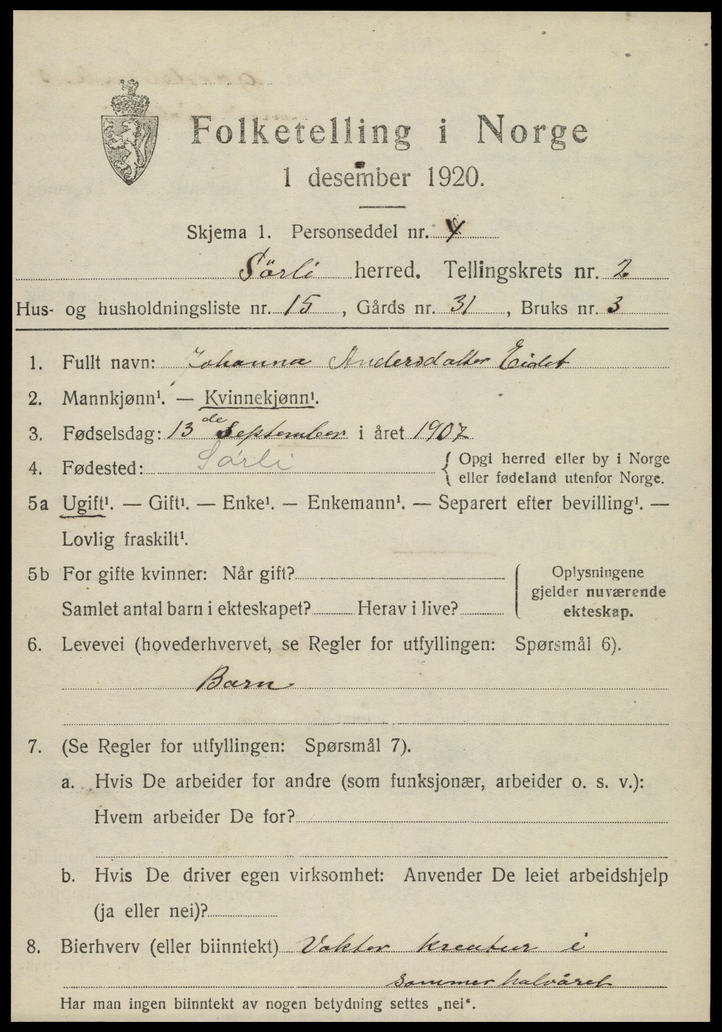 SAT, Folketelling 1920 for 1737 Sørli herred, 1920, s. 1031