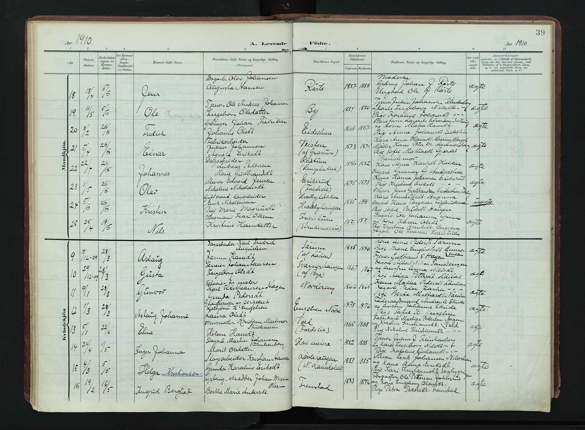 Søndre Land prestekontor, AV/SAH-PREST-122/K/L0007: Ministerialbok nr. 7, 1905-1914, s. 39