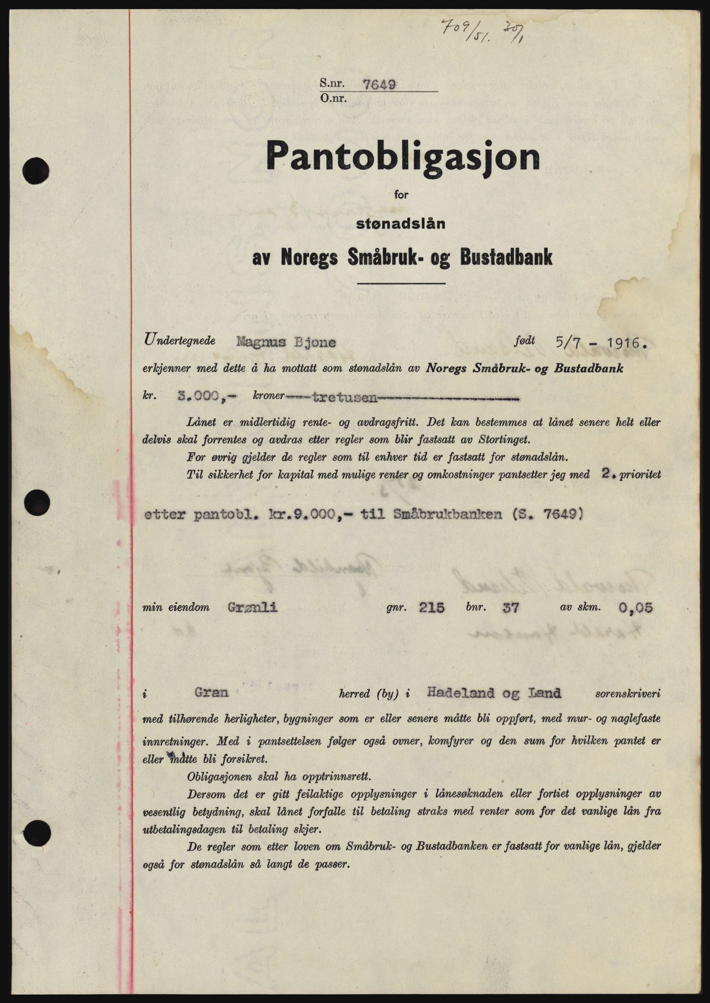 Hadeland og Land tingrett, SAH/TING-010/H/Hb/Hbc/L0021: Pantebok nr. B21, 1951-1951, Dagboknr: 709/1951