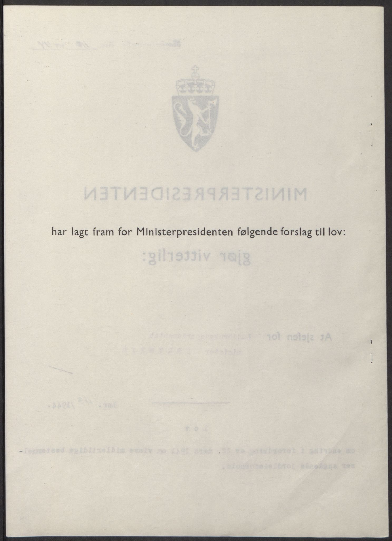 NS-administrasjonen 1940-1945 (Statsrådsekretariatet, de kommisariske statsråder mm), RA/S-4279/D/Db/L0100: Lover, 1944, s. 206