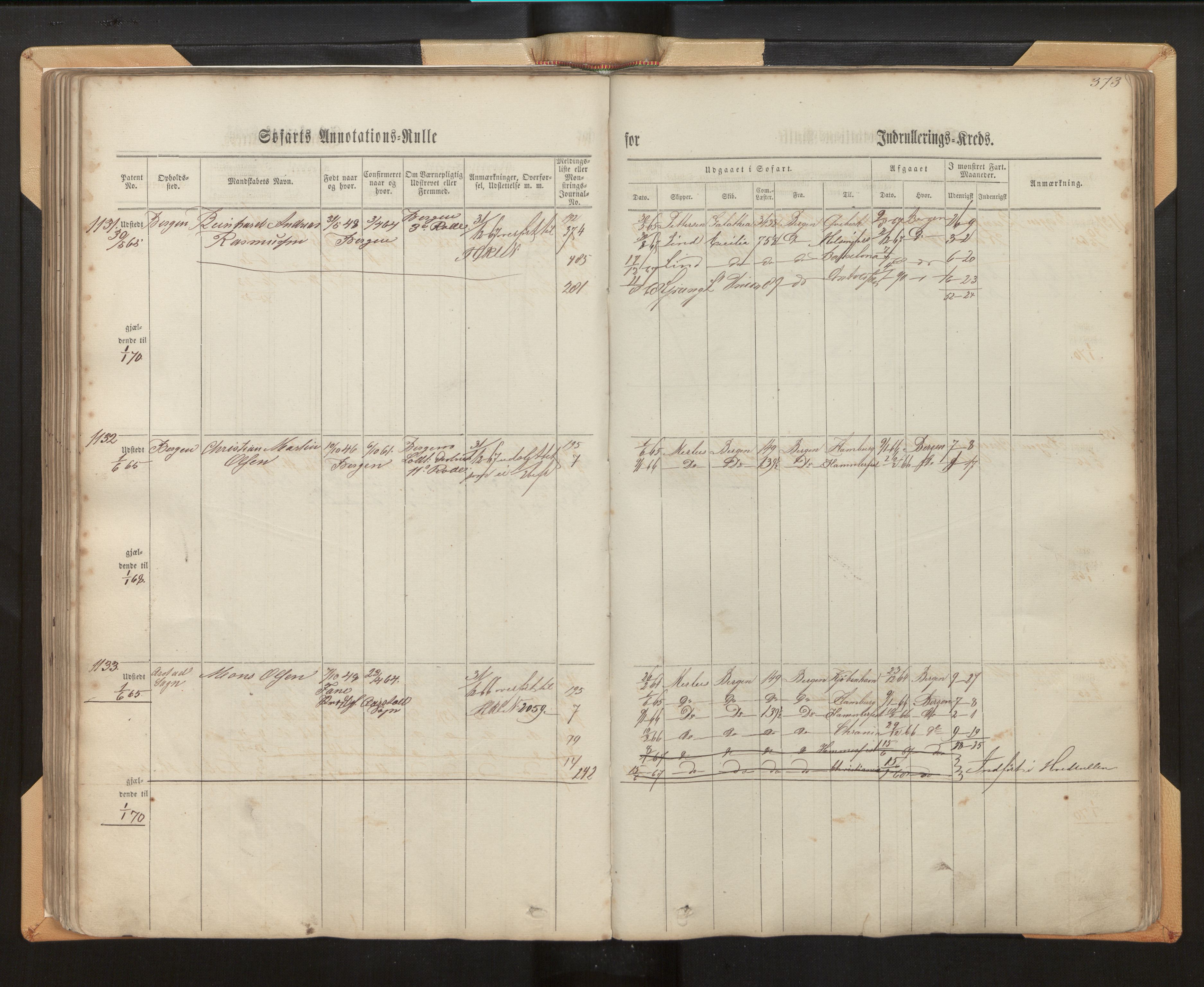 Innrulleringssjefen i Bergen, SAB/A-100050/F/Fh/L0006: Sjøfarts- og annotasjonsrulle for Bergen krets, fol. 239 - ut, 1860-1867, s. 373