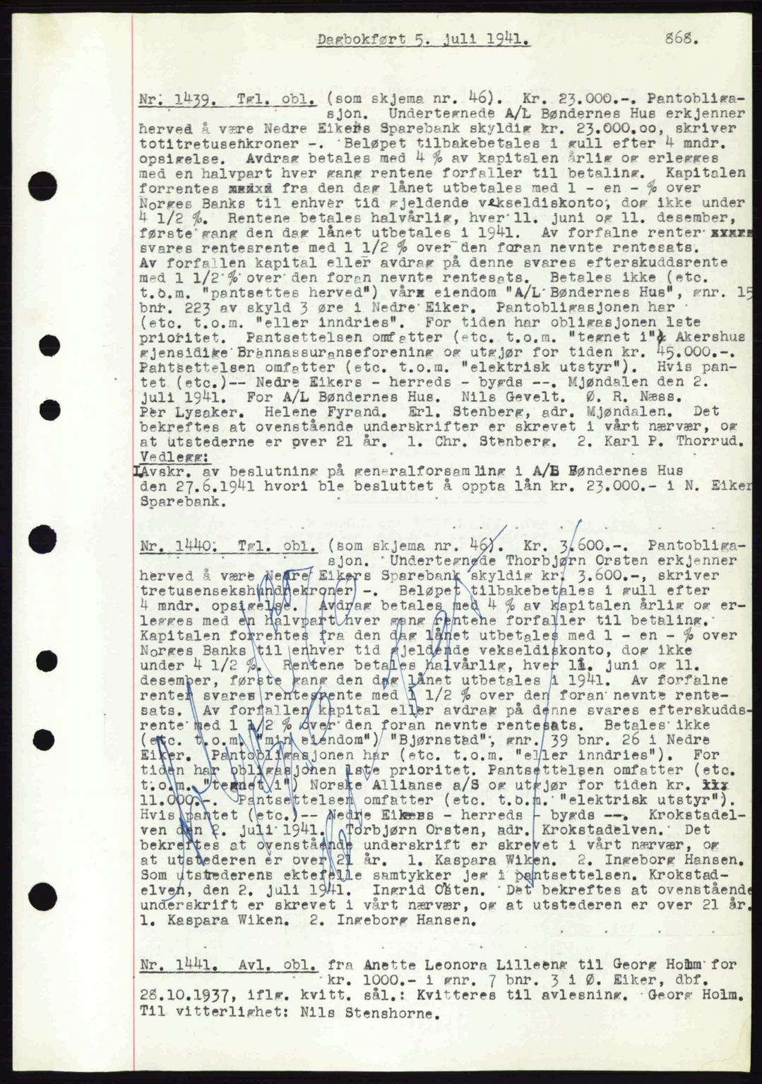 Eiker, Modum og Sigdal sorenskriveri, SAKO/A-123/G/Ga/Gab/L0043: Pantebok nr. A13, 1940-1941, Dagboknr: 1439/1941