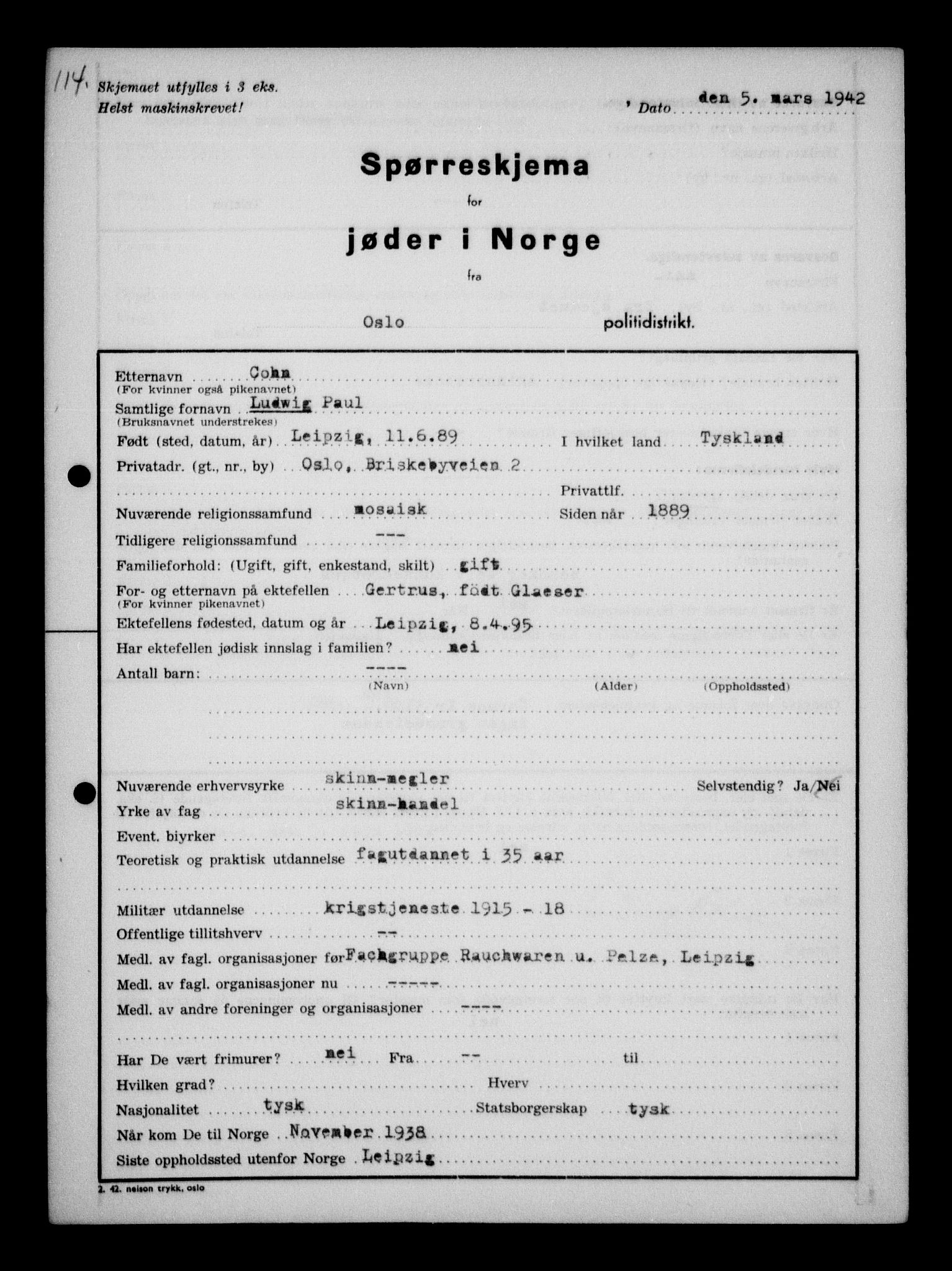 RA, Statspolitiet - Hovedkontoret / Osloavdelingen, G/Ga/L0009: Spørreskjema for jøder i Norge, Oslo Alexander-Gutman, 1942, s. 114