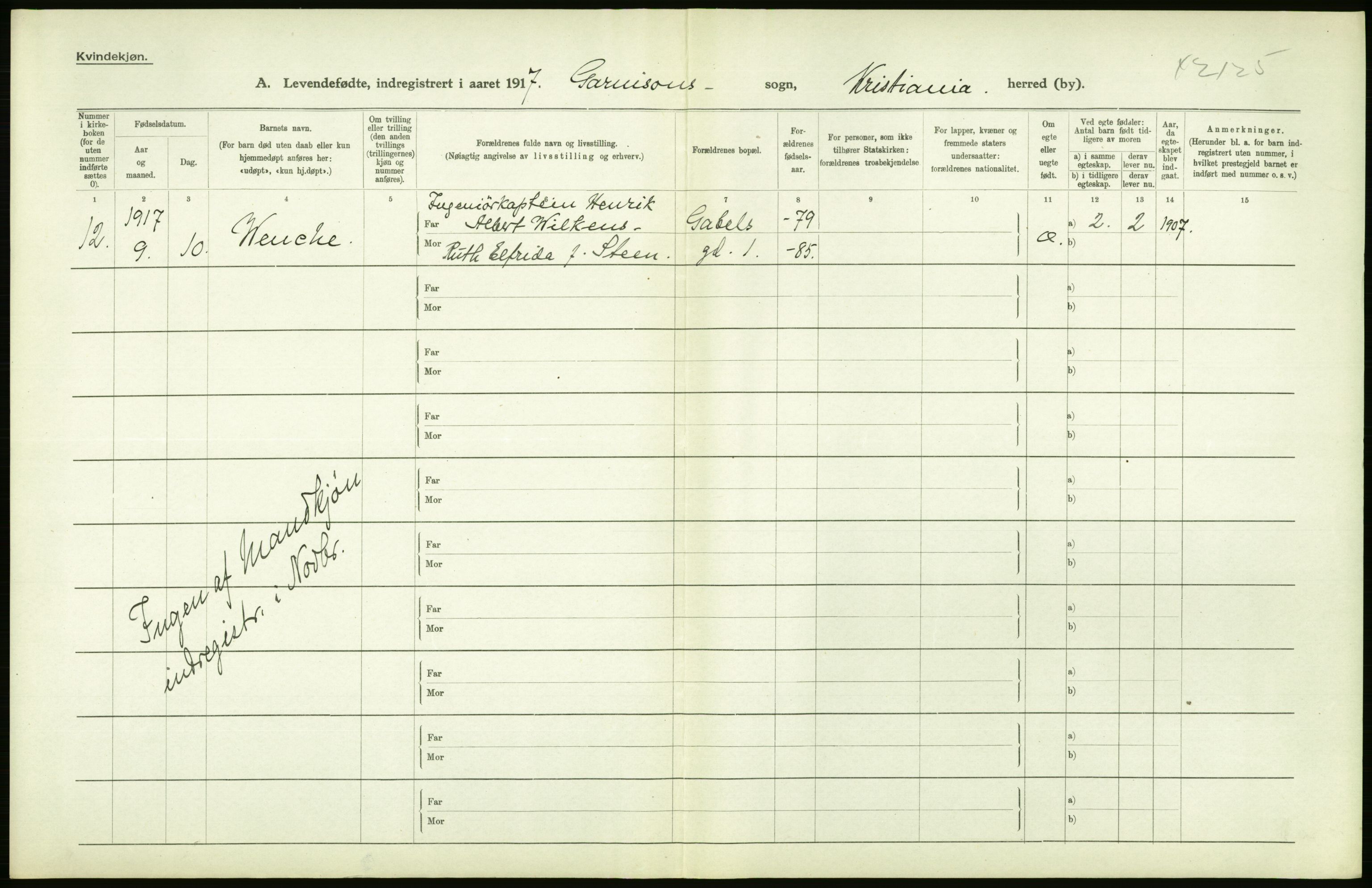 Statistisk sentralbyrå, Sosiodemografiske emner, Befolkning, AV/RA-S-2228/D/Df/Dfb/Dfbg/L0007: Kristiania: Levendefødte menn og kvinner., 1917, s. 78