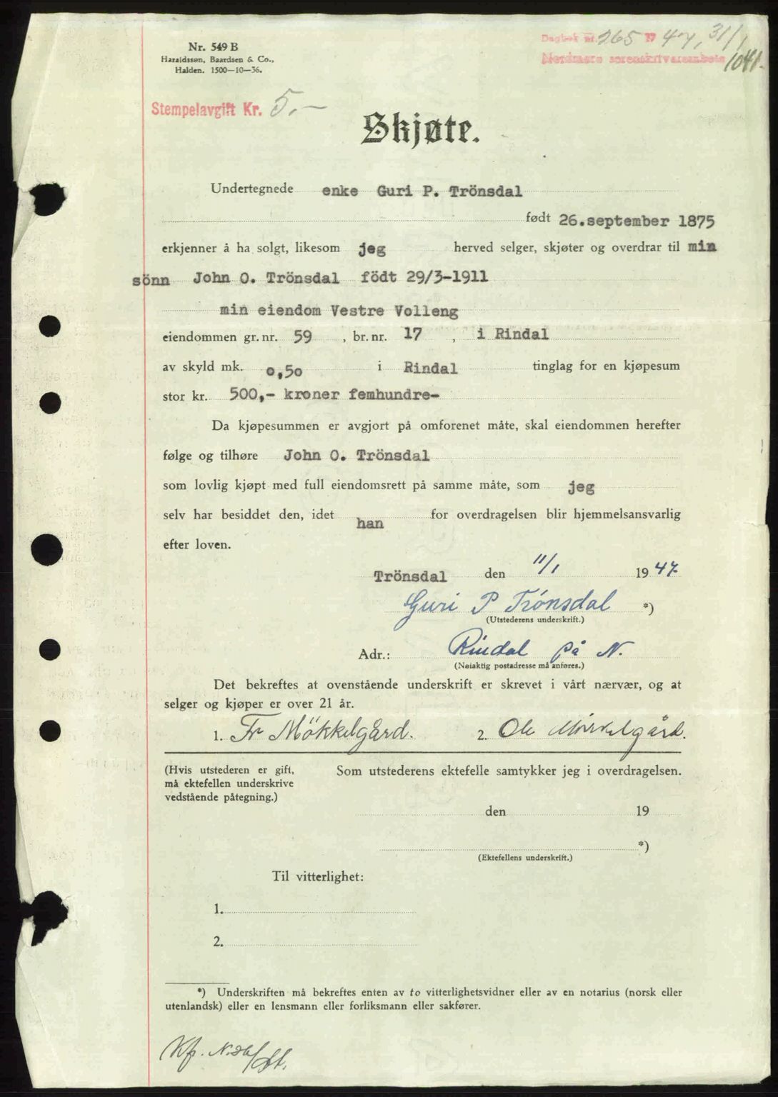 Nordmøre sorenskriveri, SAT/A-4132/1/2/2Ca: Pantebok nr. A103, 1946-1947, Dagboknr: 265/1947