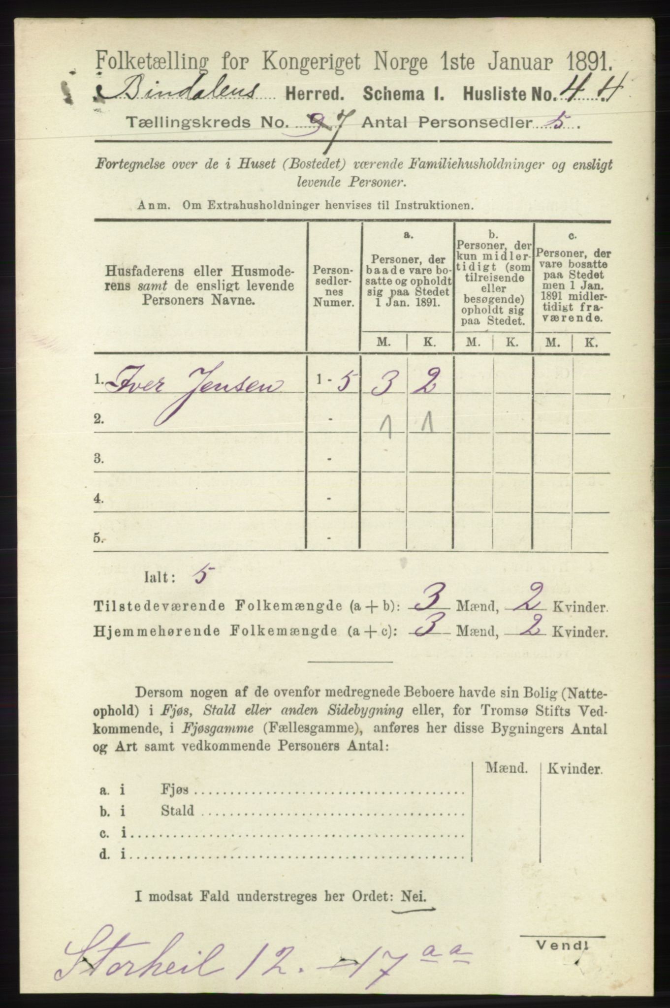 RA, Folketelling 1891 for 1811 Bindal herred, 1891, s. 2239