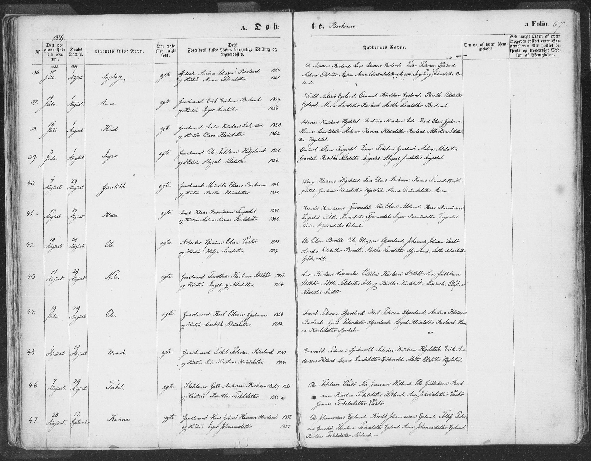 Helleland sokneprestkontor, SAST/A-101810: Ministerialbok nr. A 7.1, 1863-1886, s. 67