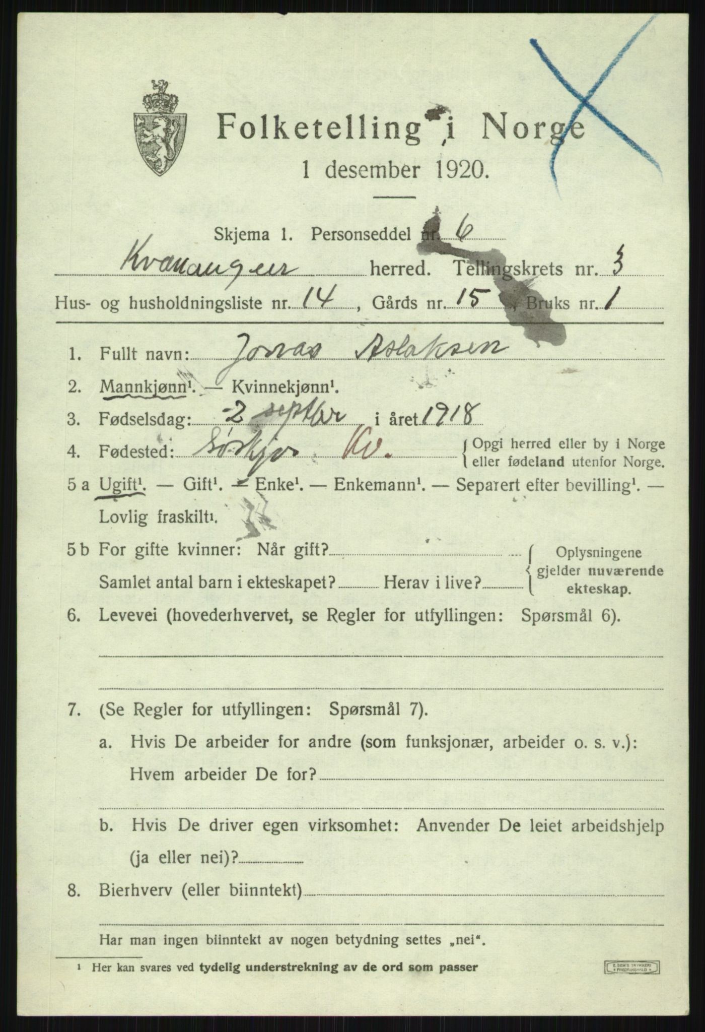 SATØ, Folketelling 1920 for 1943 Kvænangen herred, 1920, s. 1920