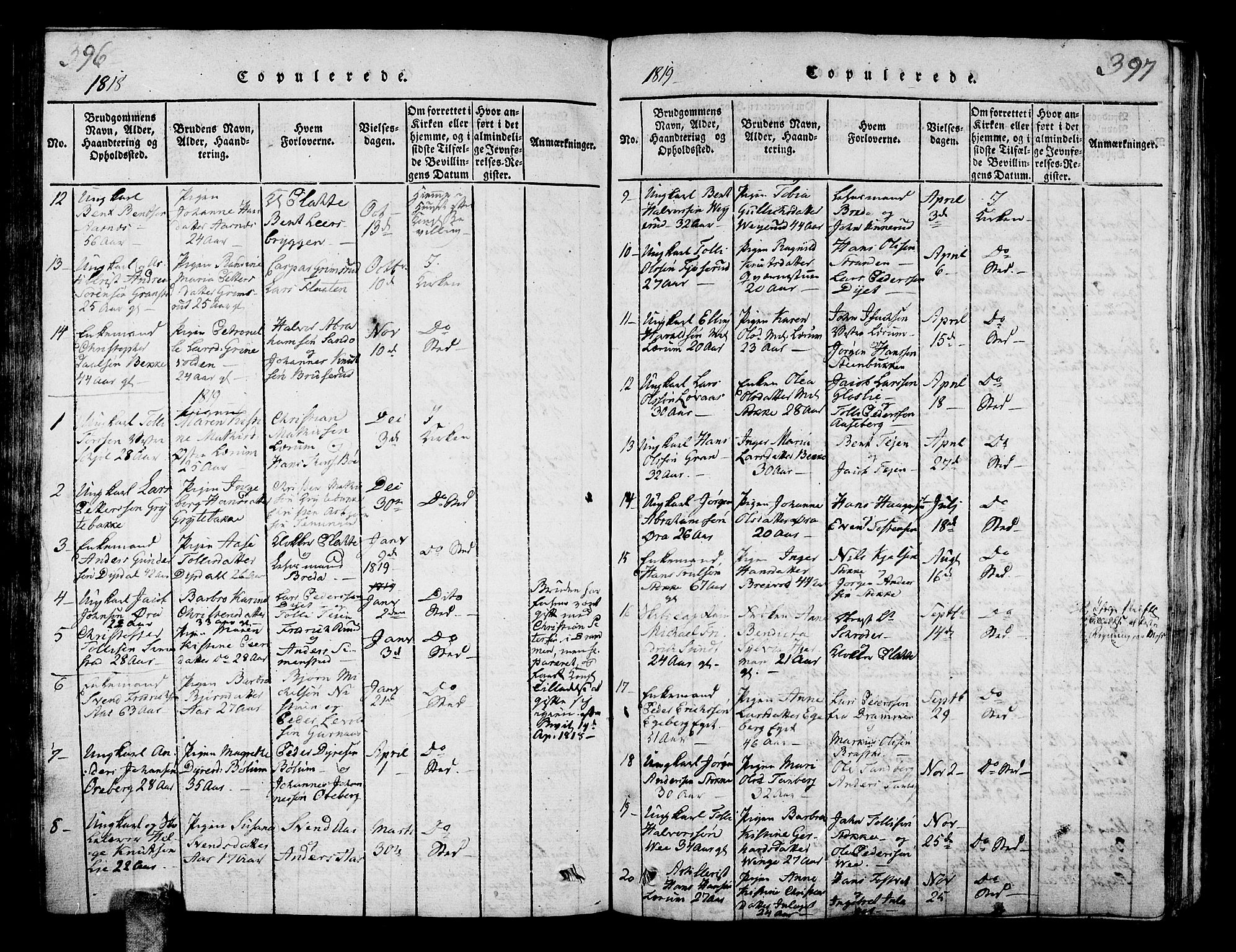 Sande Kirkebøker, AV/SAKO-A-53/G/Ga/L0001: Klokkerbok nr. 1, 1814-1847, s. 396-397