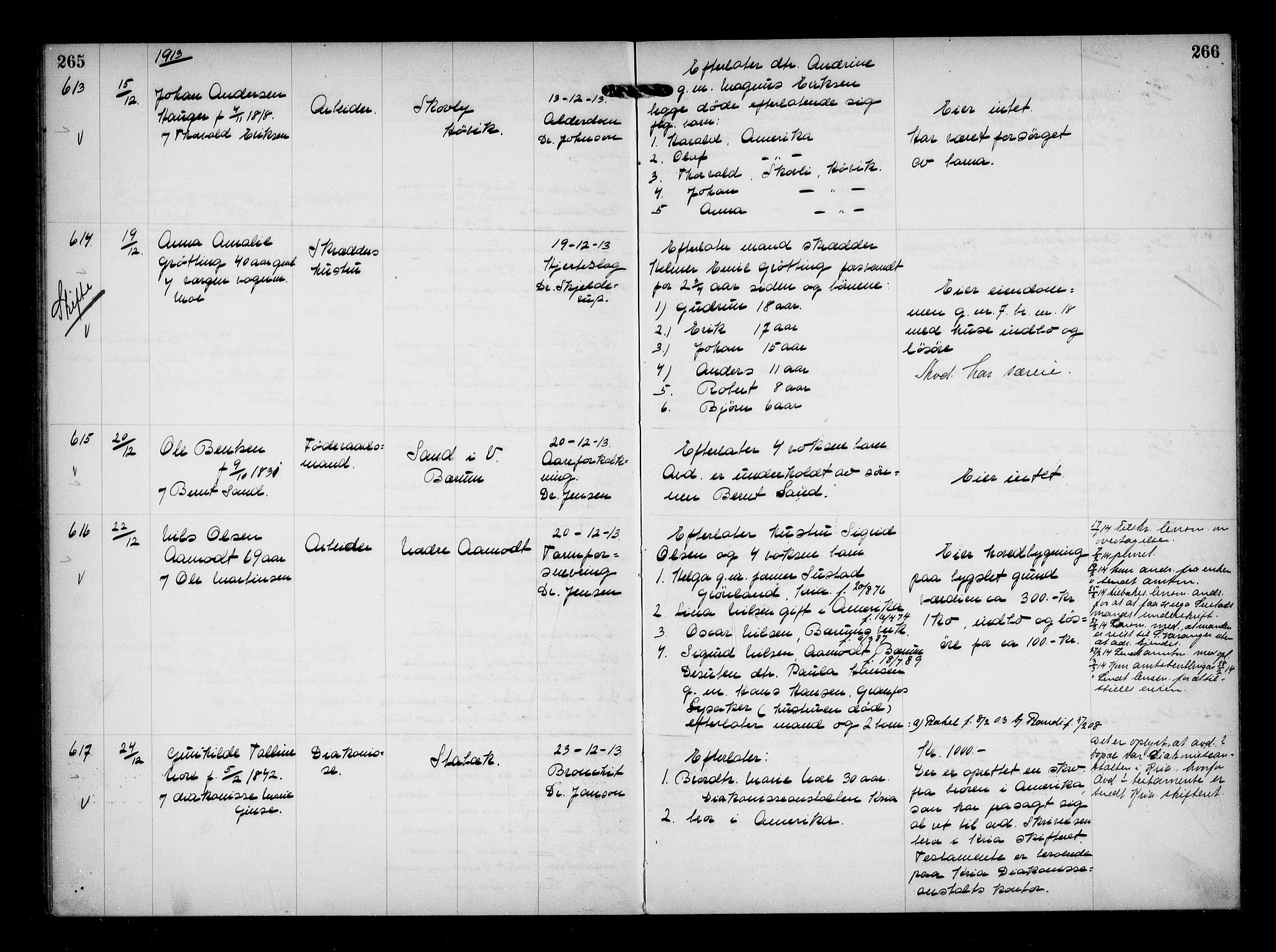 Aker kriminaldommer, skifte- og auksjonsforvalterembete, AV/SAO-A-10452/H/Hb/Hba/Hbaa/L0003: Dødsfallsprotokoll, 1912-1914, s. 265-266