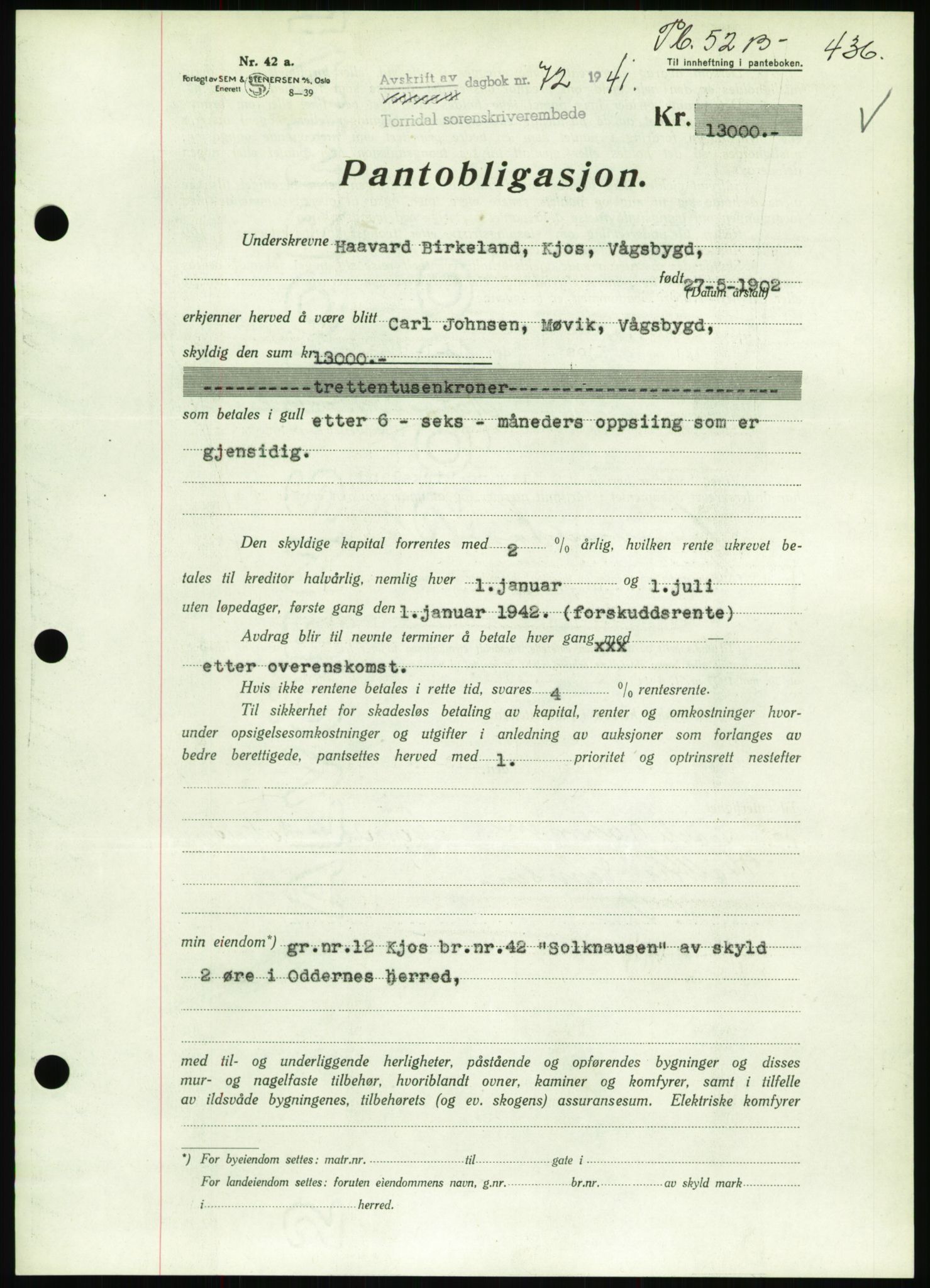 Torridal sorenskriveri, SAK/1221-0012/G/Gb/Gbb/L0008: Pantebok nr. 52b, 1940-1942, Dagboknr: 72/1942