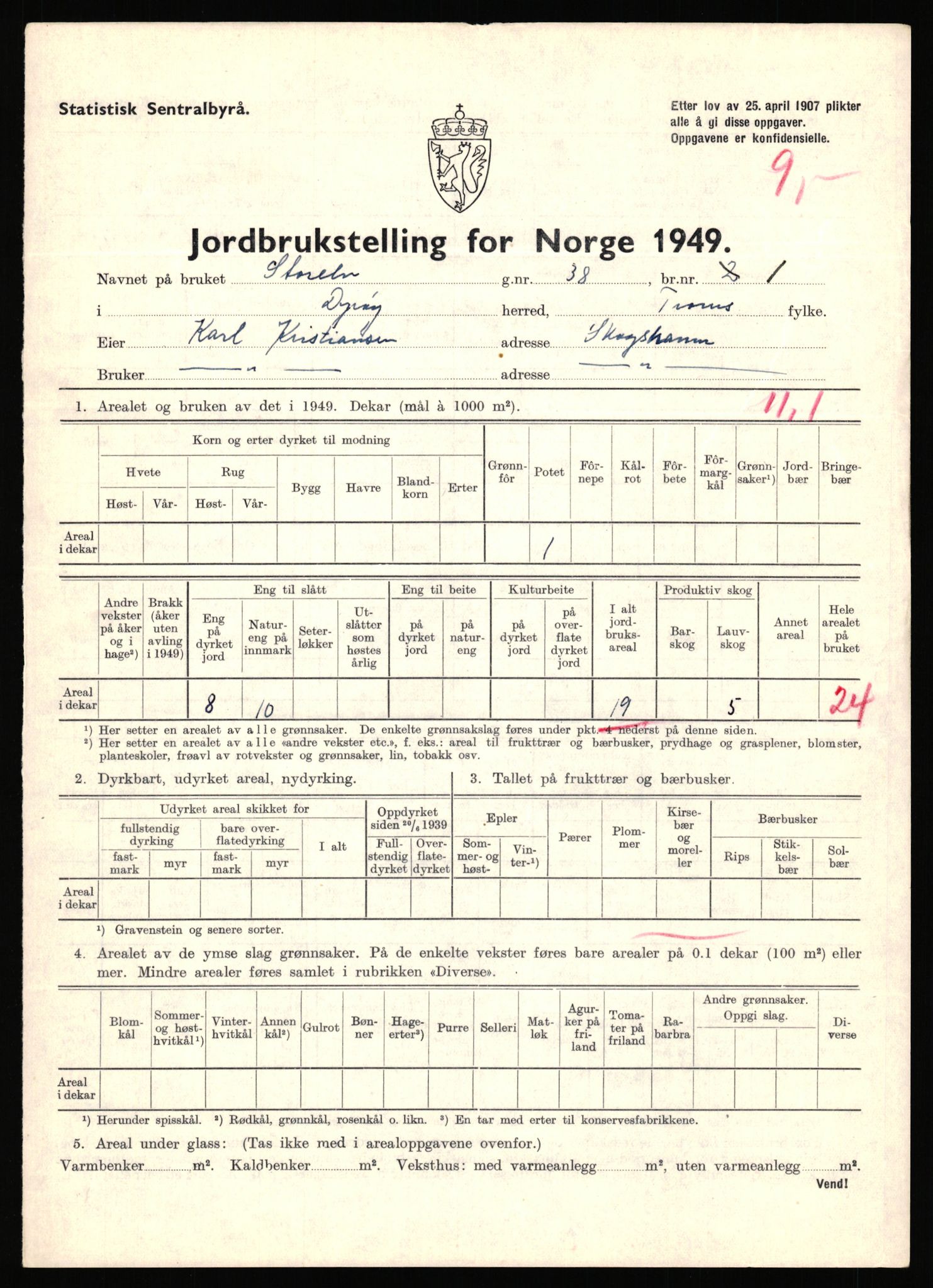 Statistisk sentralbyrå, Næringsøkonomiske emner, Jordbruk, skogbruk, jakt, fiske og fangst, AV/RA-S-2234/G/Gc/L0440: Troms: Sørreisa og Dyrøy, 1949, s. 977