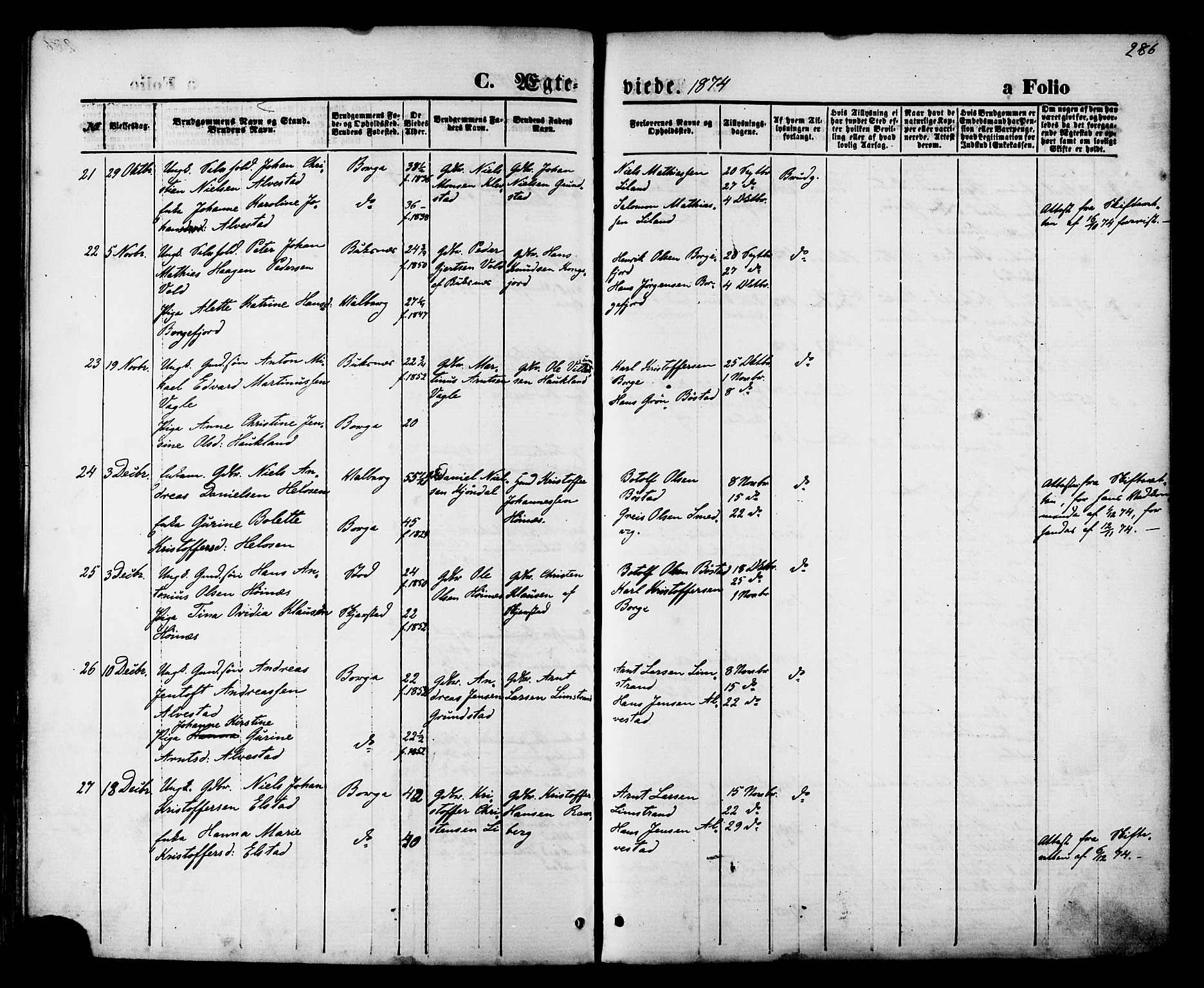 Ministerialprotokoller, klokkerbøker og fødselsregistre - Nordland, SAT/A-1459/880/L1132: Ministerialbok nr. 880A06, 1869-1887, s. 286