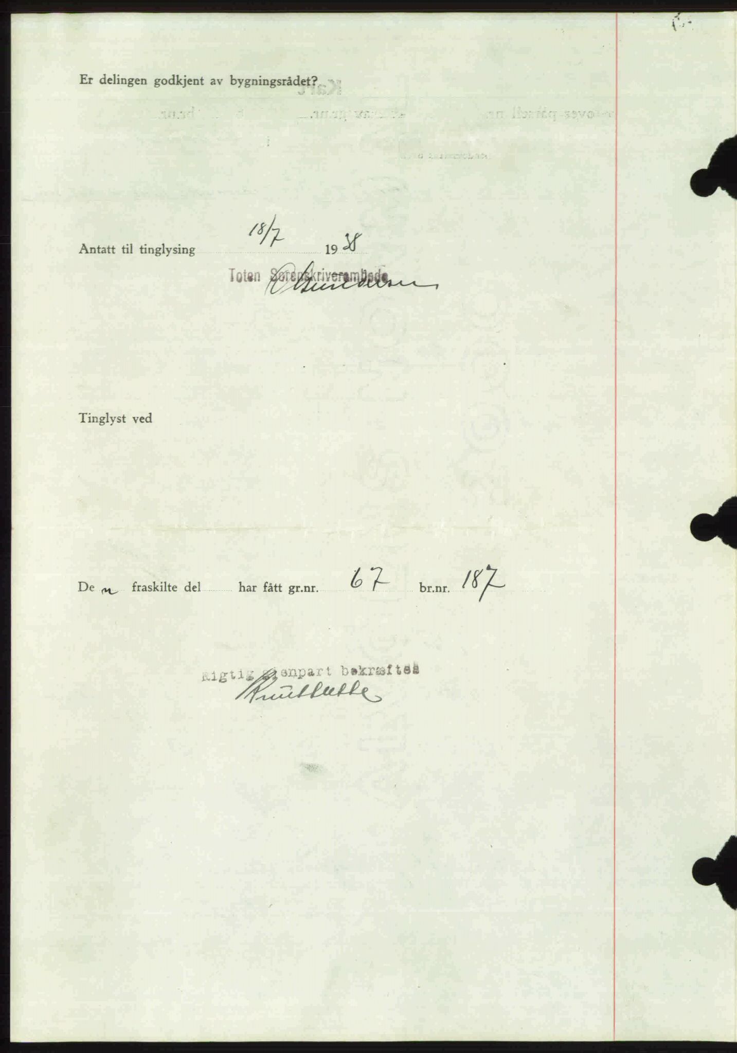 Toten tingrett, AV/SAH-TING-006/H/Hb/Hbc/L0004: Pantebok nr. Hbc-04, 1938-1938, Dagboknr: 1456/1938