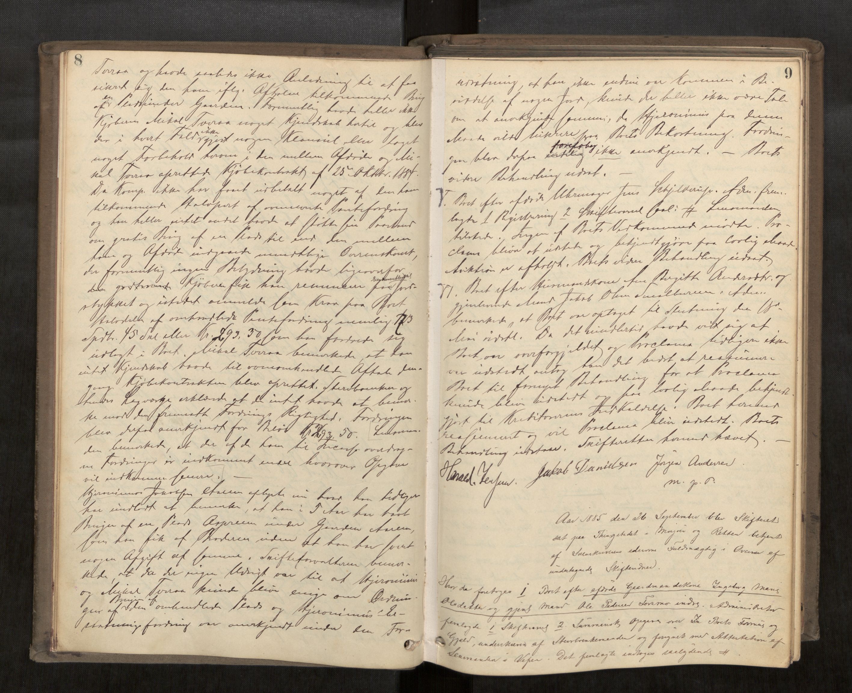 Søndre Helgeland sorenskriveri, AV/SAT-A-4575/1/3/3B/L0003: Skiftebehandlingsprotokoll, 1885-1889, s. 8-9