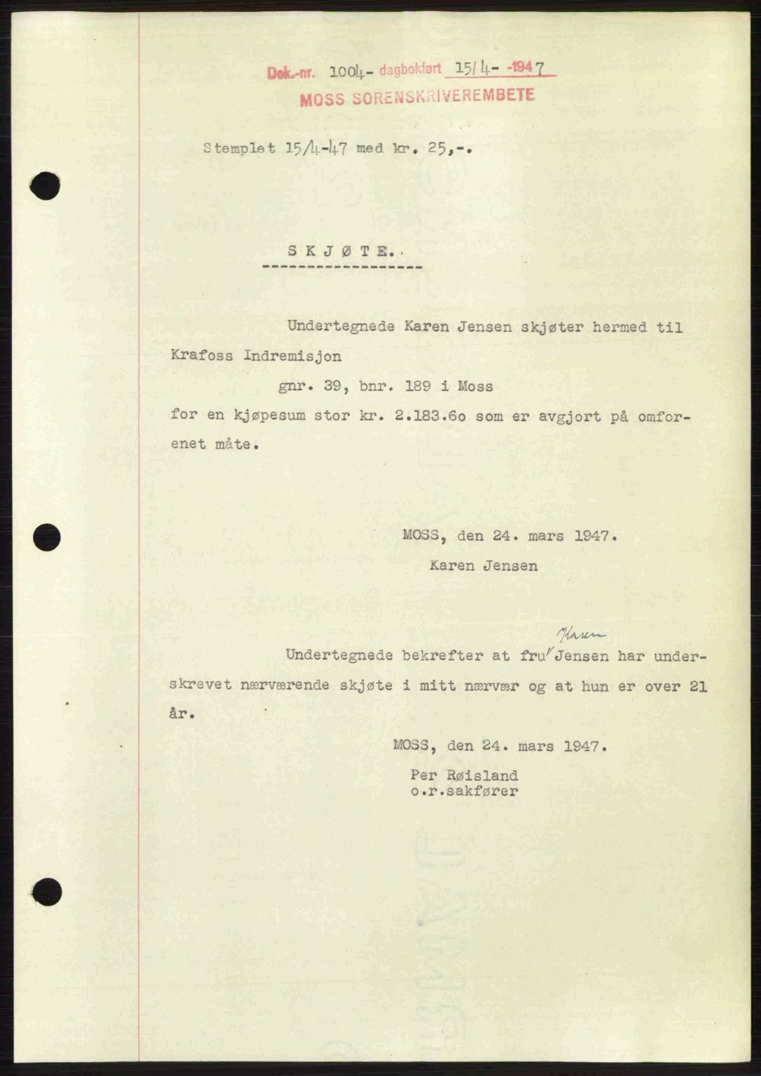 Moss sorenskriveri, SAO/A-10168: Pantebok nr. A17, 1947-1947, Dagboknr: 1004/1947