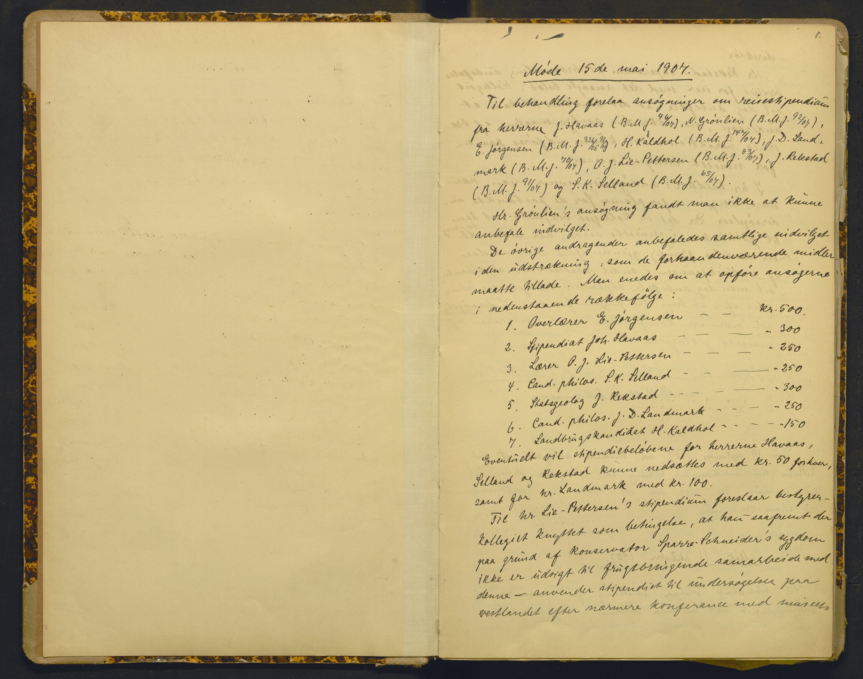 Bergens Museum, AV/SAB-A-17301/18/A/L0001: Bestyrerkollegiets forhandlingsprotokoll med register , 1907-1927, s. 1